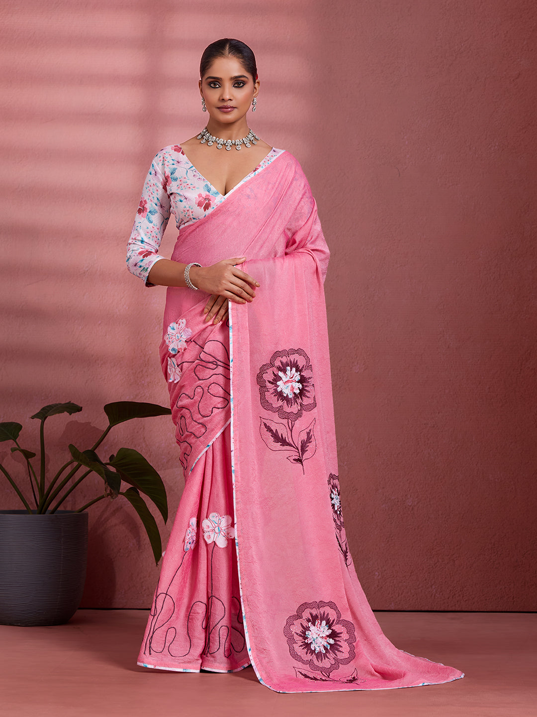 Pink Georgette Floral Printed Saree