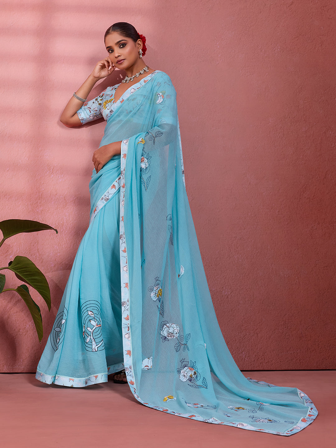 Blue Georgette Floral Printed Saree