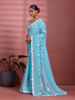 Blue Georgette Floral Printed Saree sedora couture