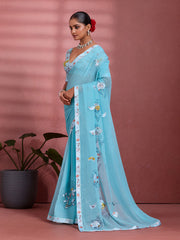 Blue Georgette Floral Printed Saree sedora couture