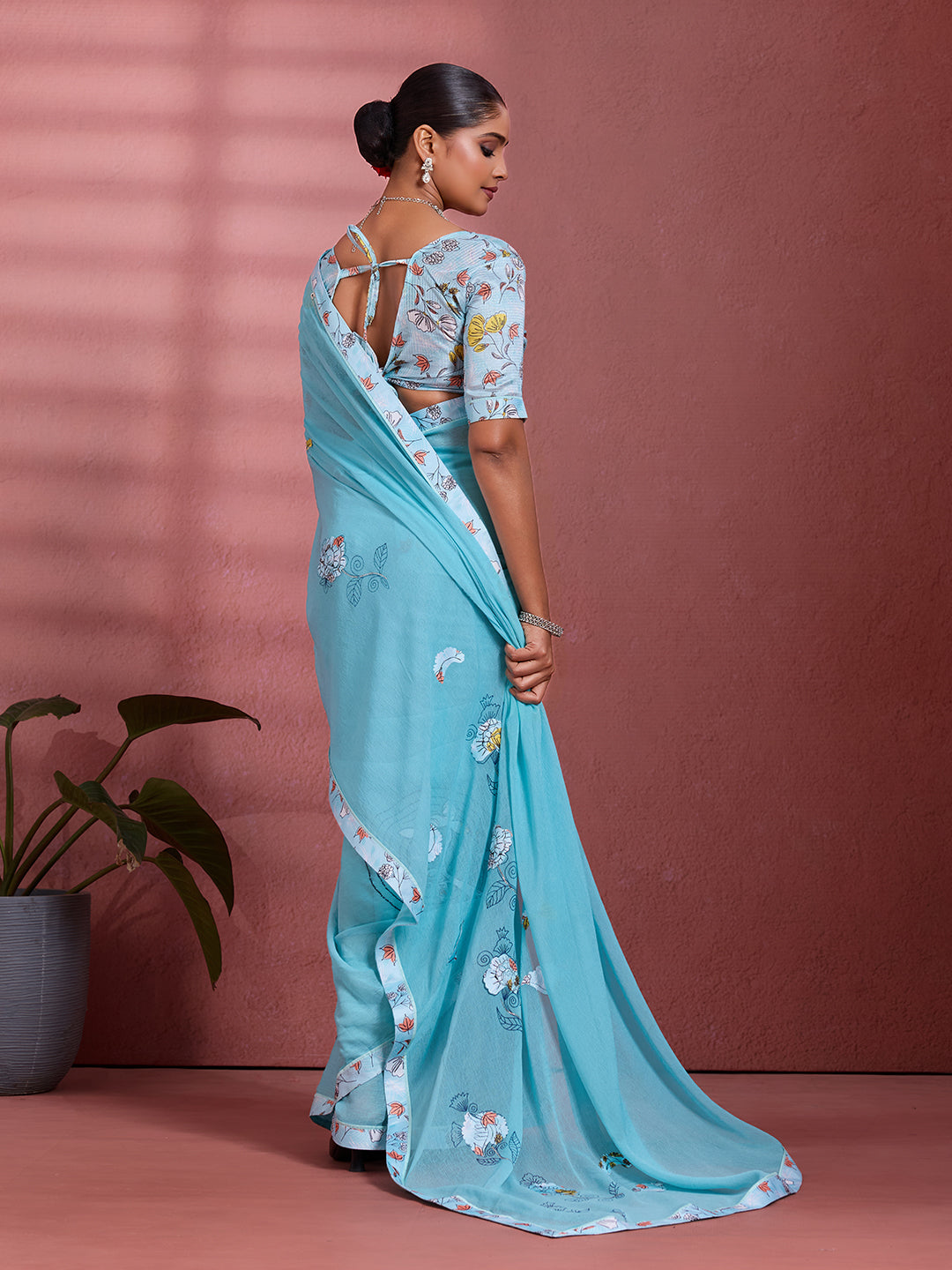Blue Georgette Floral Printed Saree
