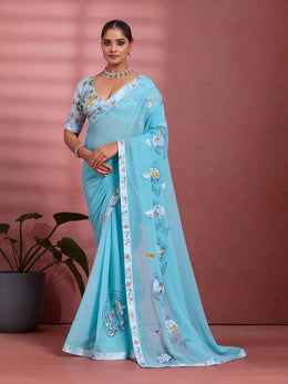 Blue Georgette Floral Printed Saree