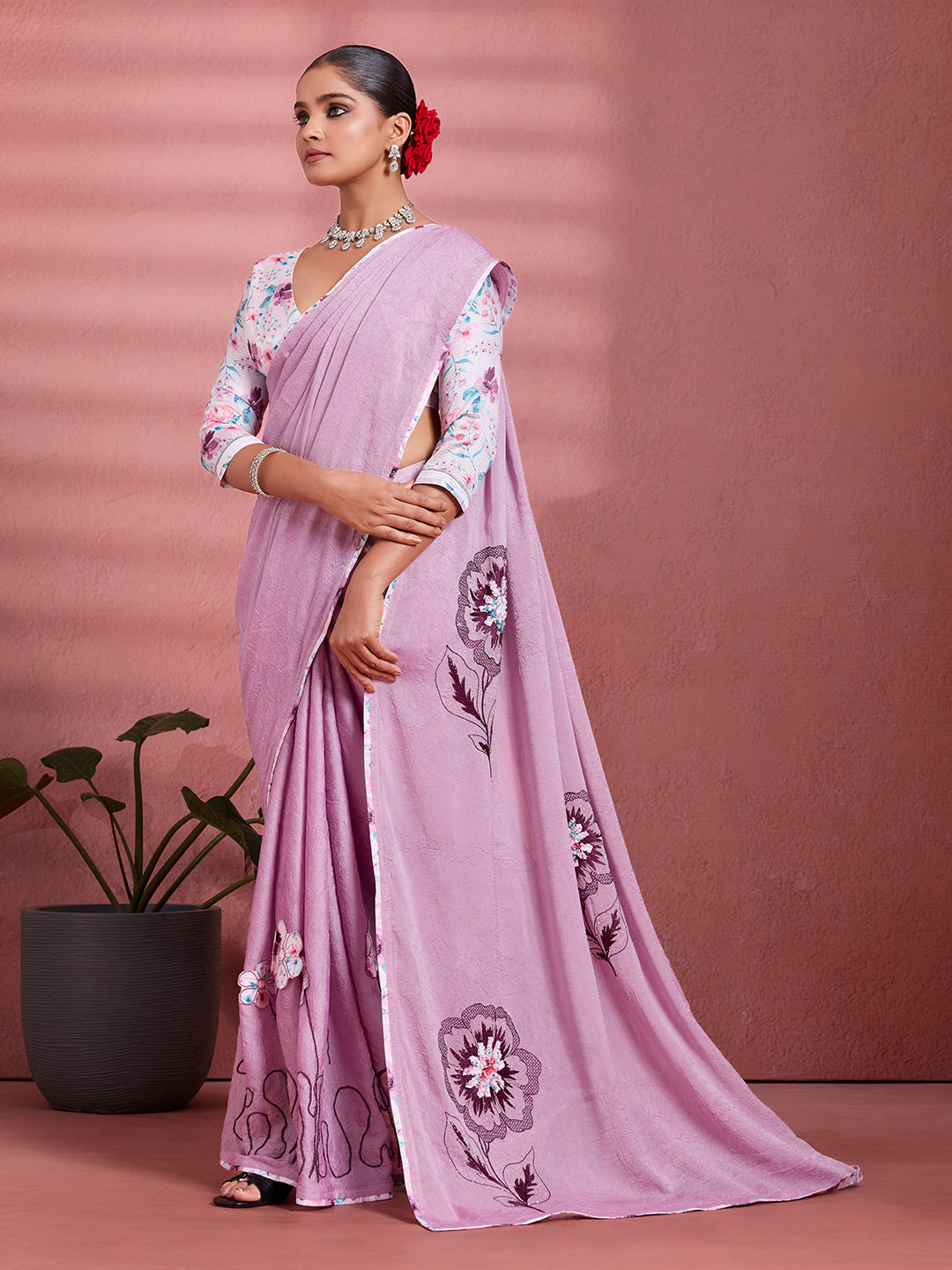 Lavender Georgette Floral Printed Saree