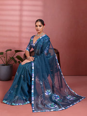 Navy Blue Silk Floral Printed Saree