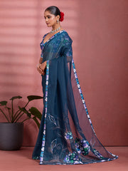Navy Blue Silk Floral Printed Saree