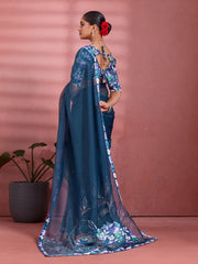 Navy Blue Silk Floral Printed Saree