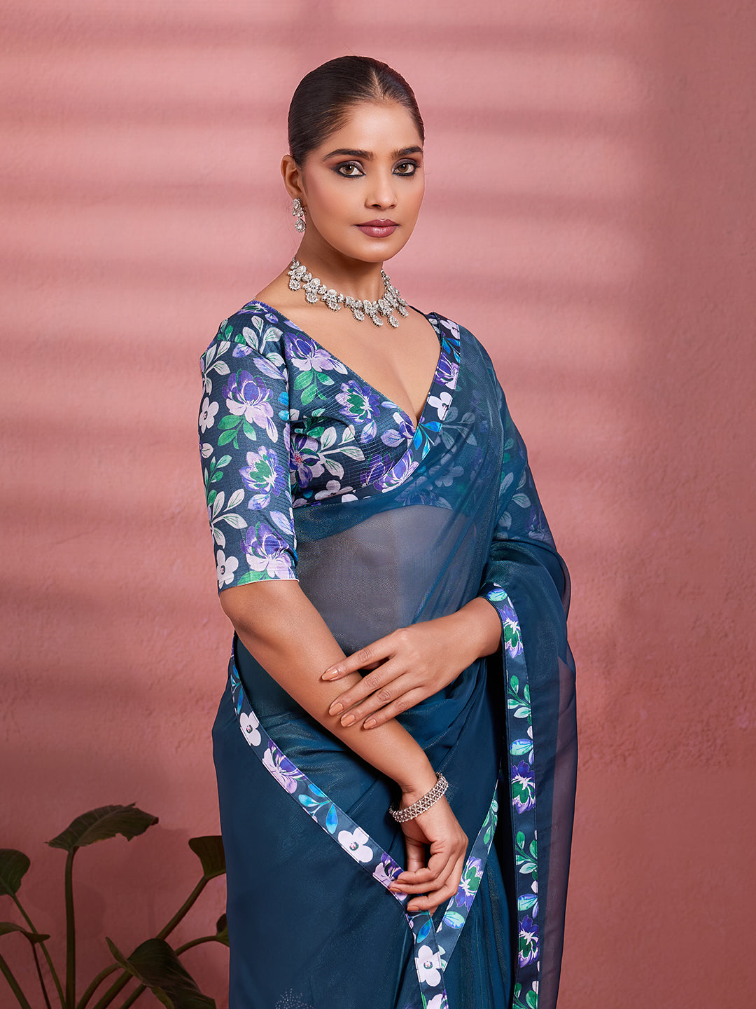Navy Blue Silk Floral Printed Saree