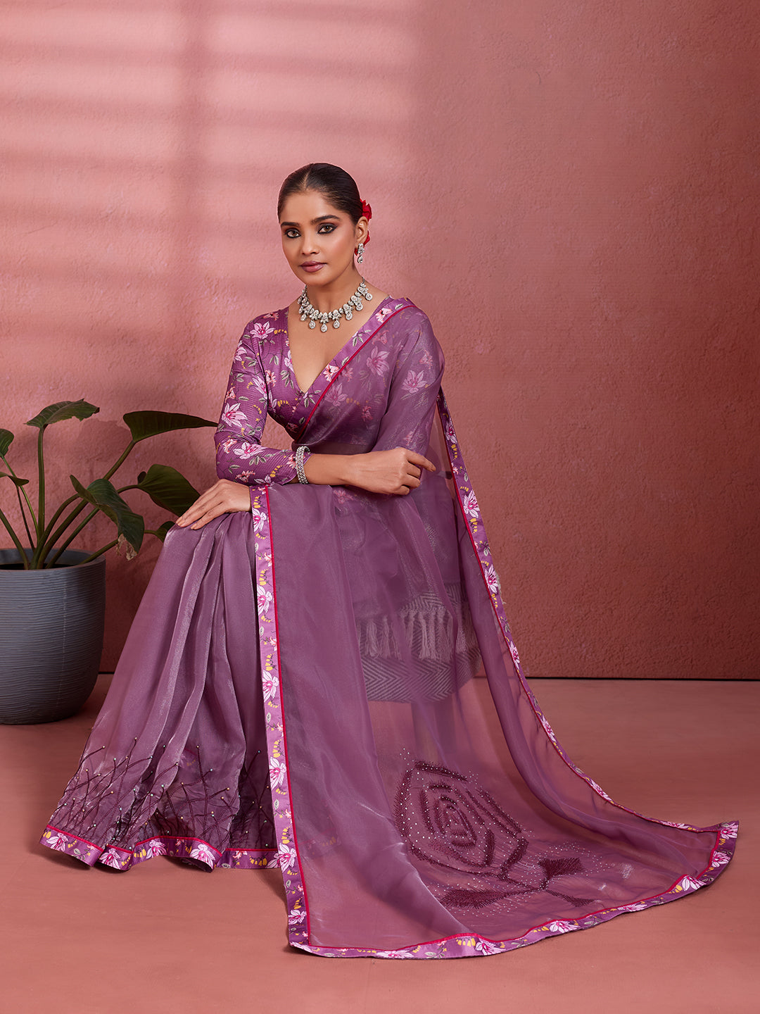 Purple Silk Floral Printed Saree