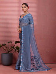 Charcoal Silk Floral Printed Saree