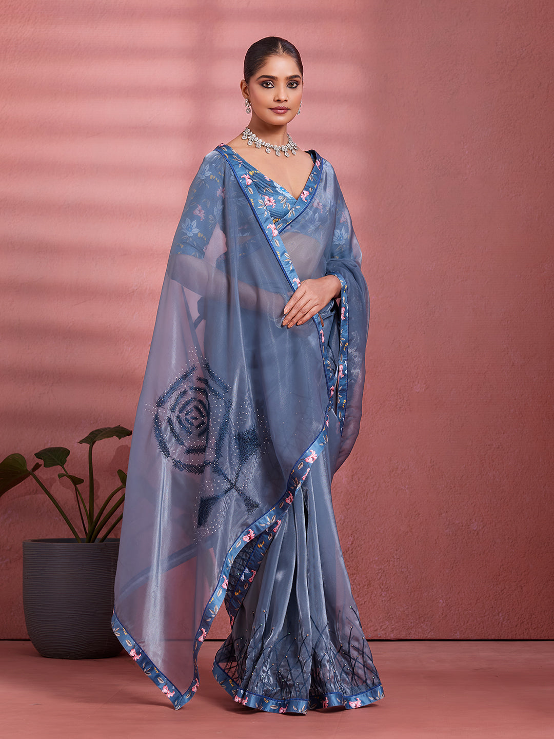 Charcoal Silk Floral Printed Saree