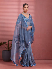 Charcoal Silk Floral Printed Saree