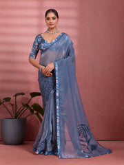 Charcoal Silk Floral Printed Saree