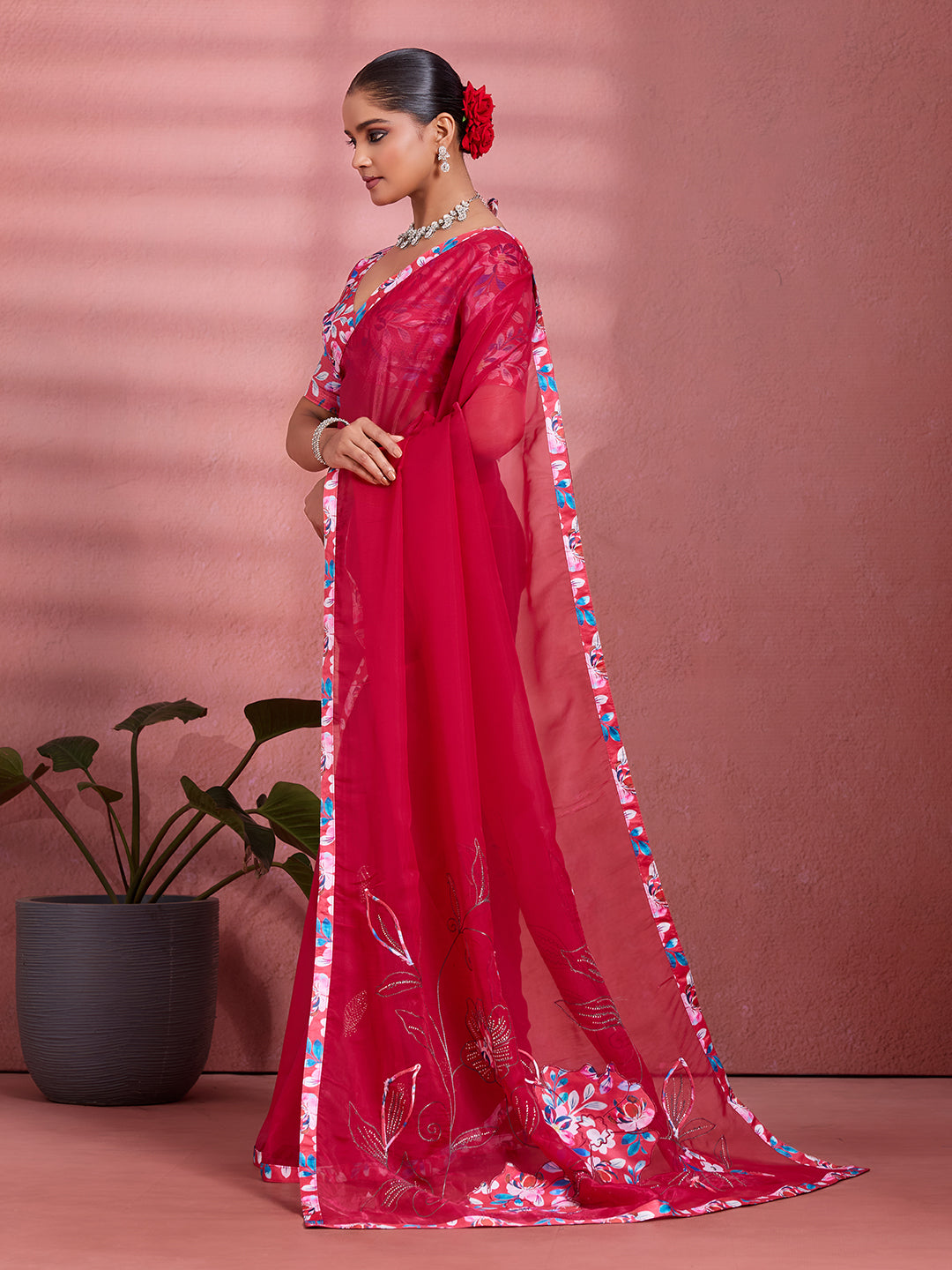 Red Silk Floral Printed Saree