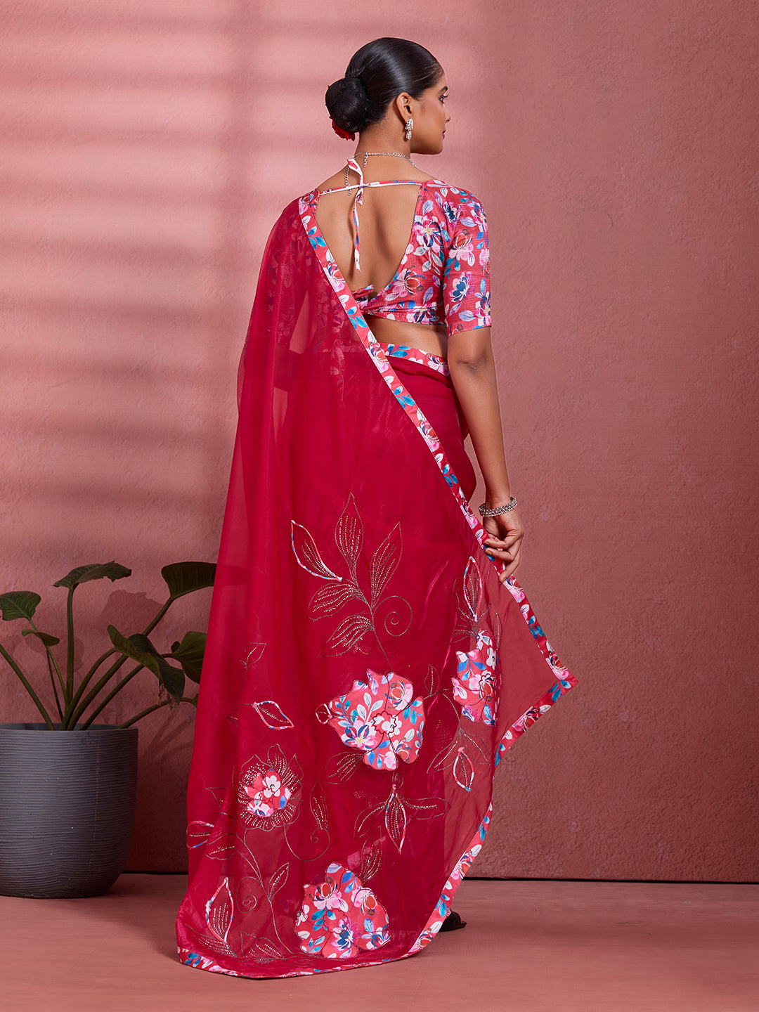 Red Silk Floral Printed Saree