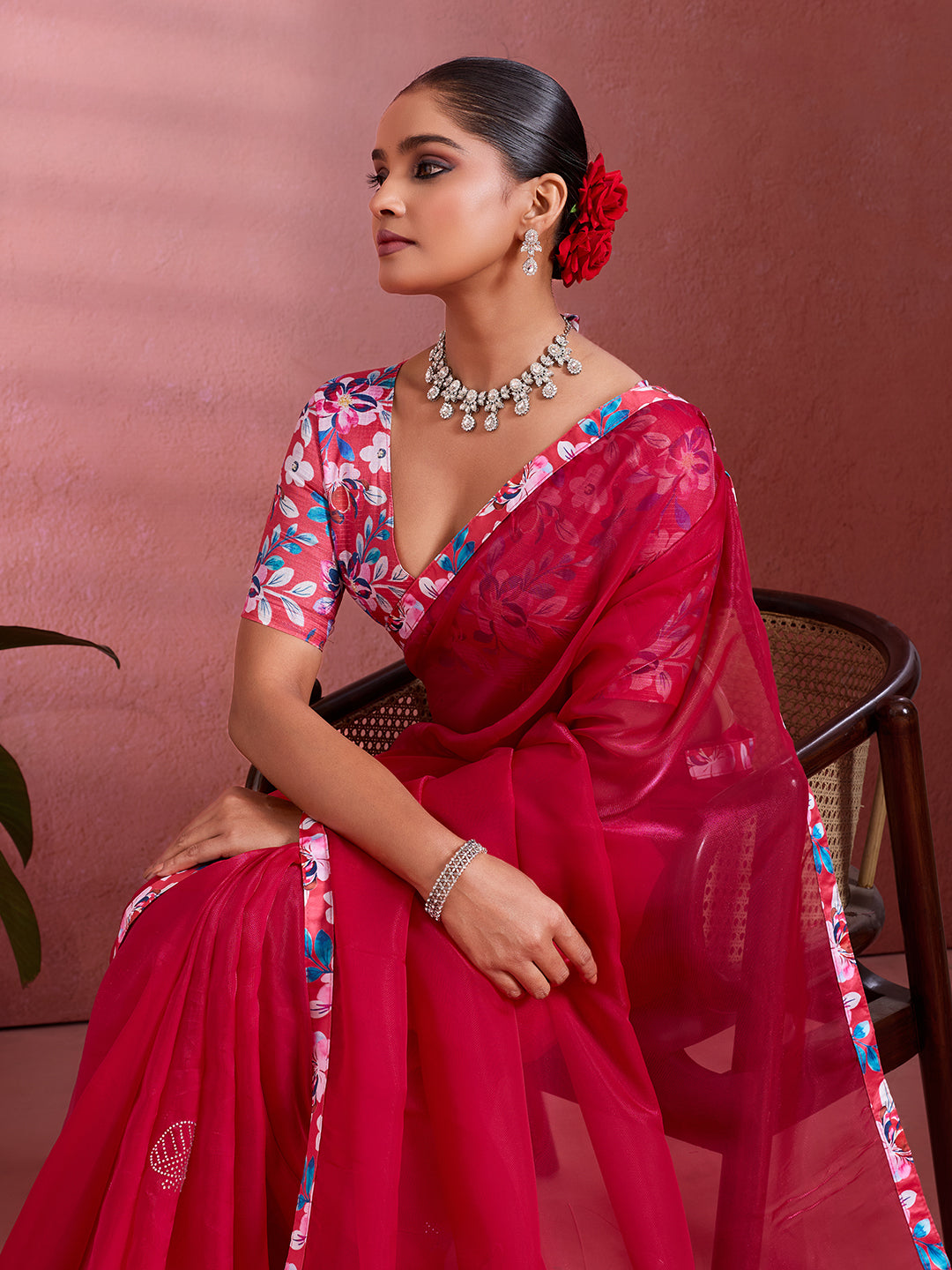 Red Silk Floral Printed Saree