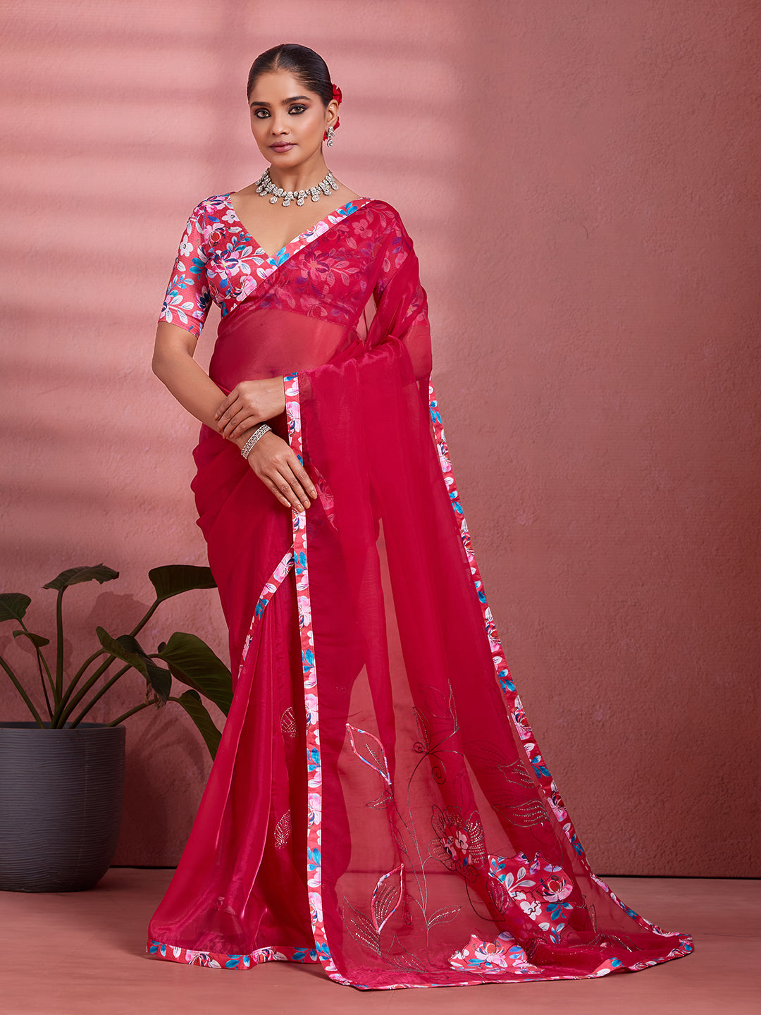Red Silk Floral Printed Saree