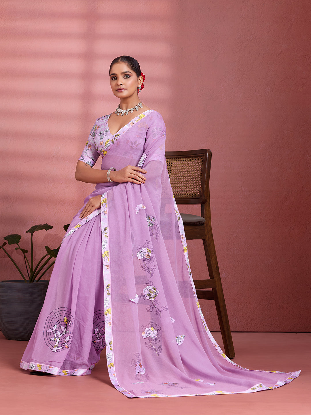 Lavender Georgette Floral Printed Saree