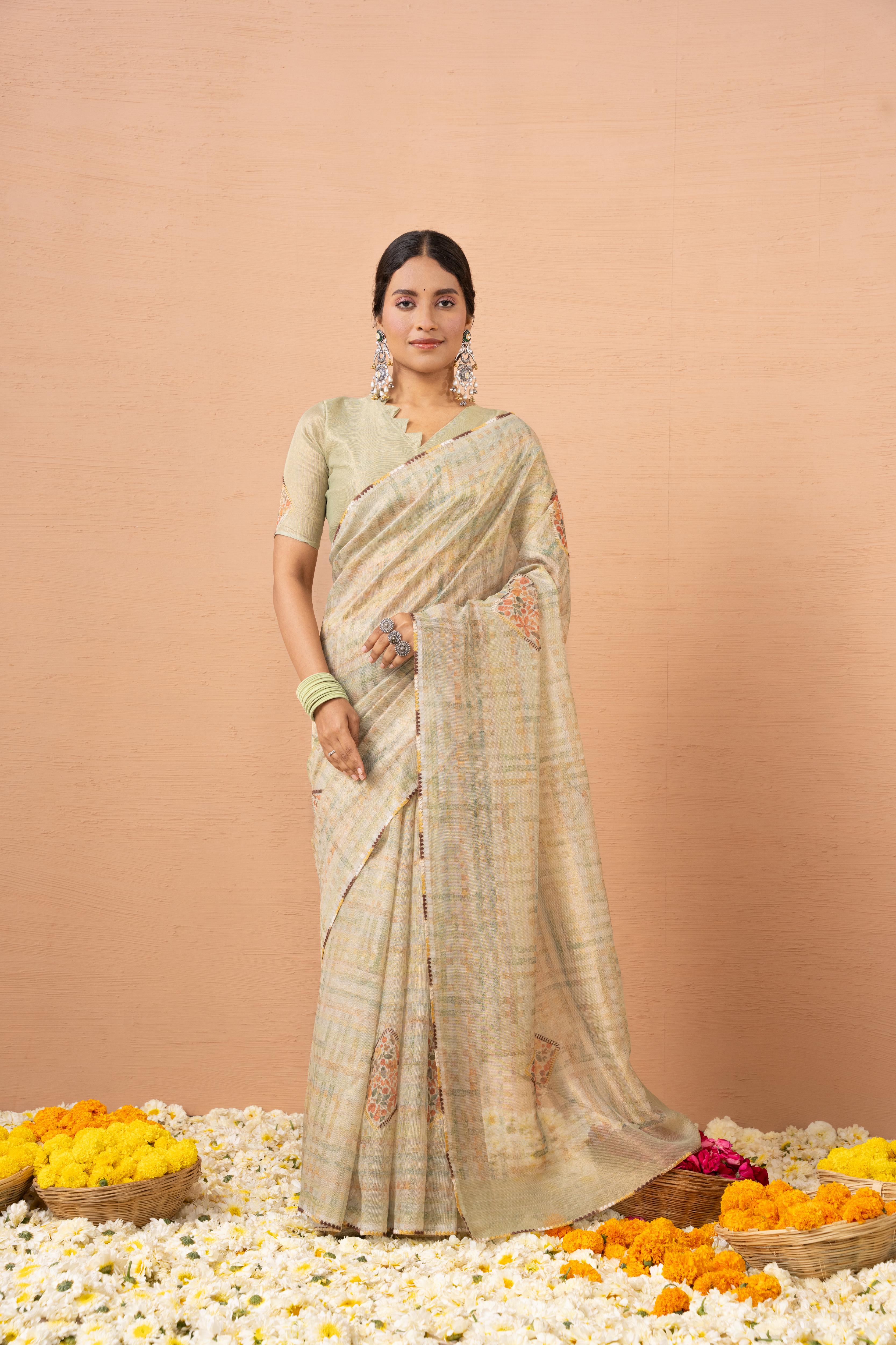 Pista Tissue Saree With Embroidery Boota