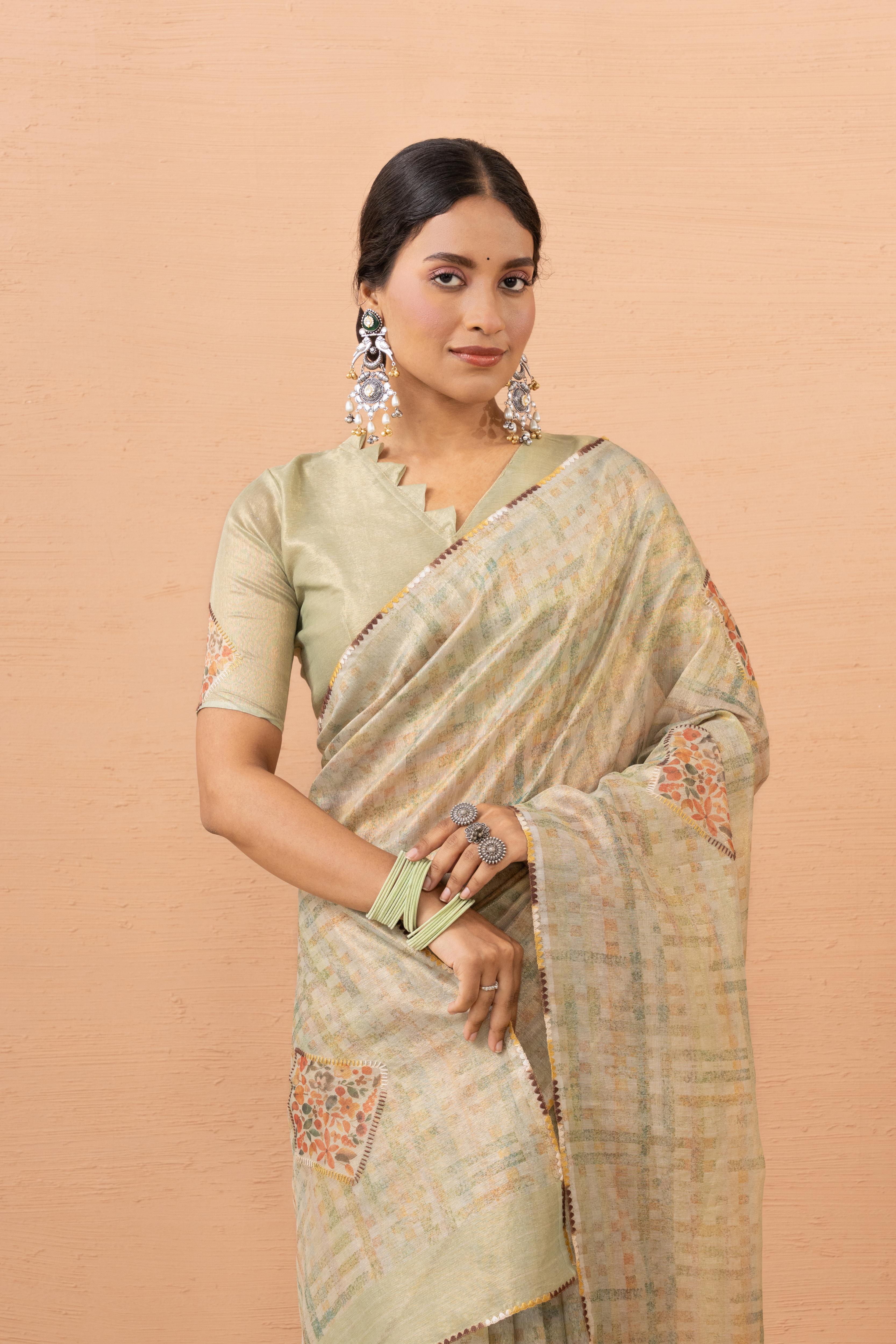 Pista Tissue Saree With Embroidery Boota