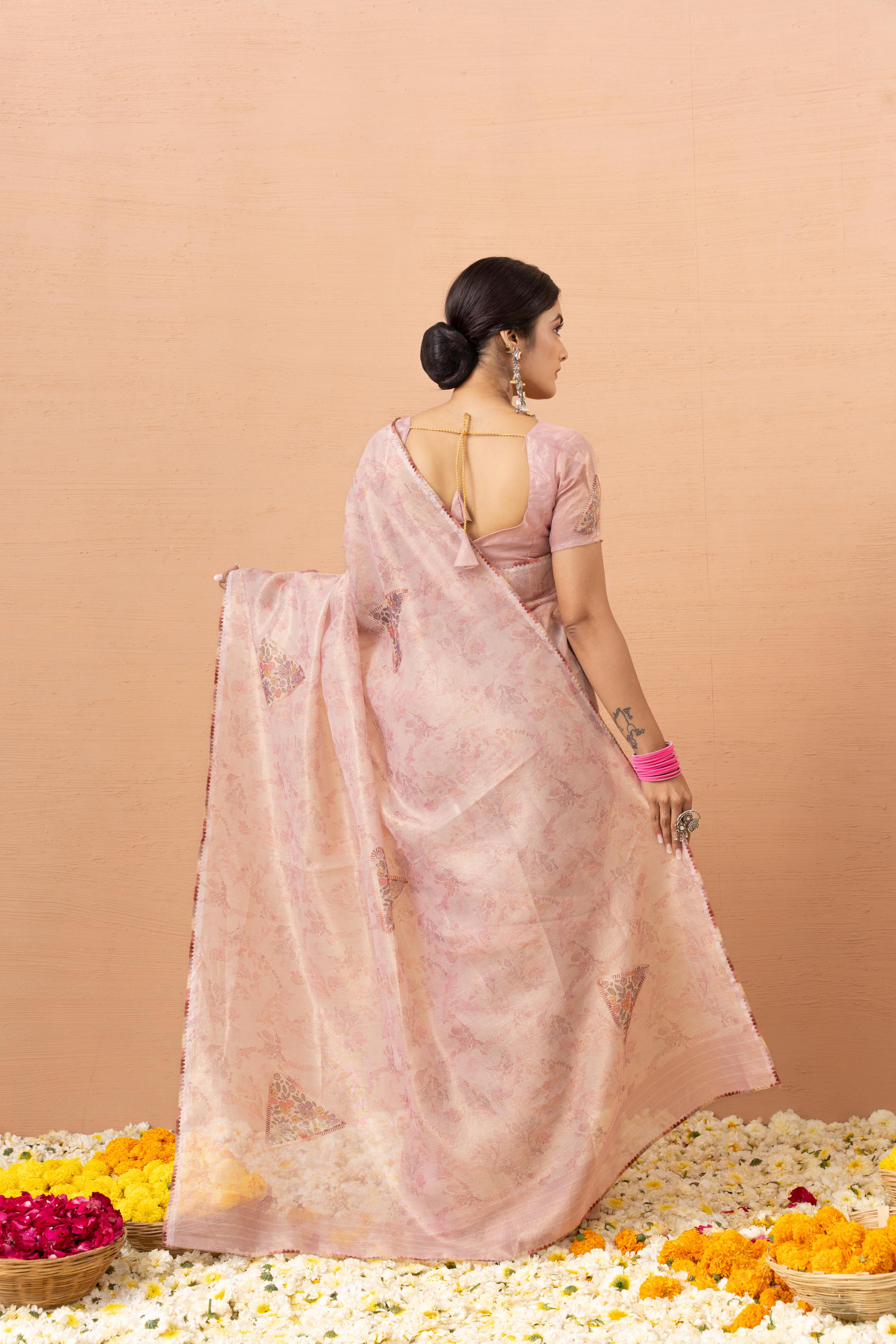 Peach Tissue Saree With Embroidery Boota