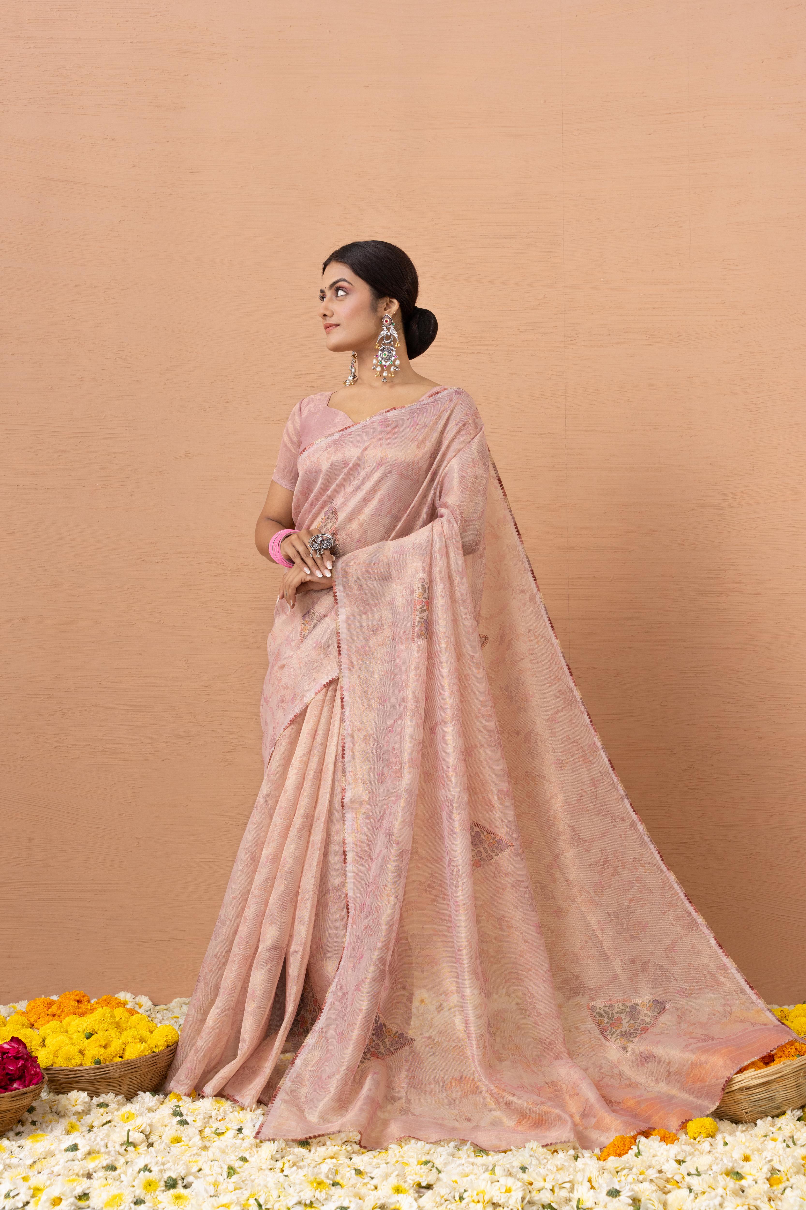 Peach Tissue Saree With Embroidery Boota
