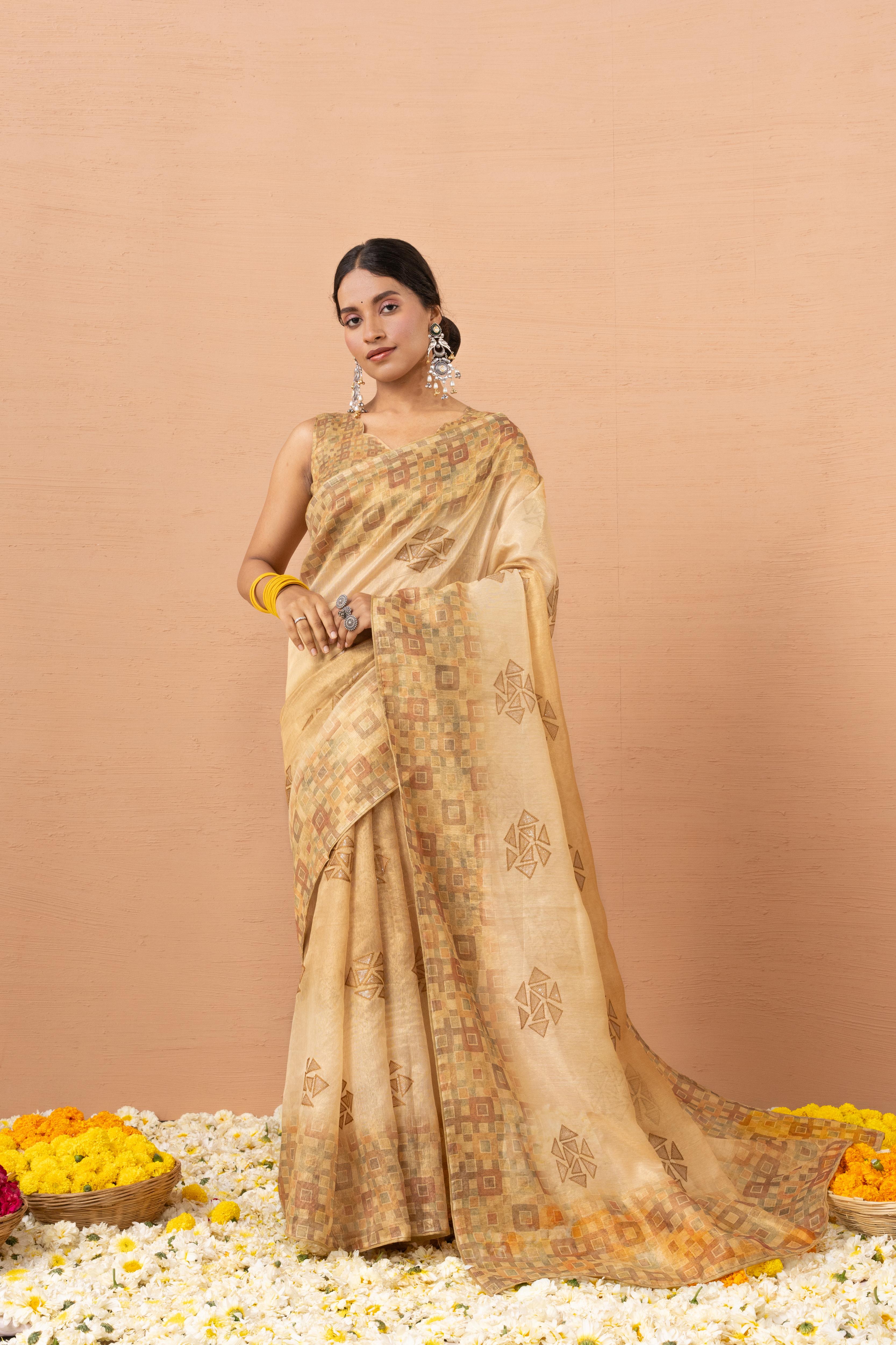 Yellow Tissue Saree With Embroidery Boota