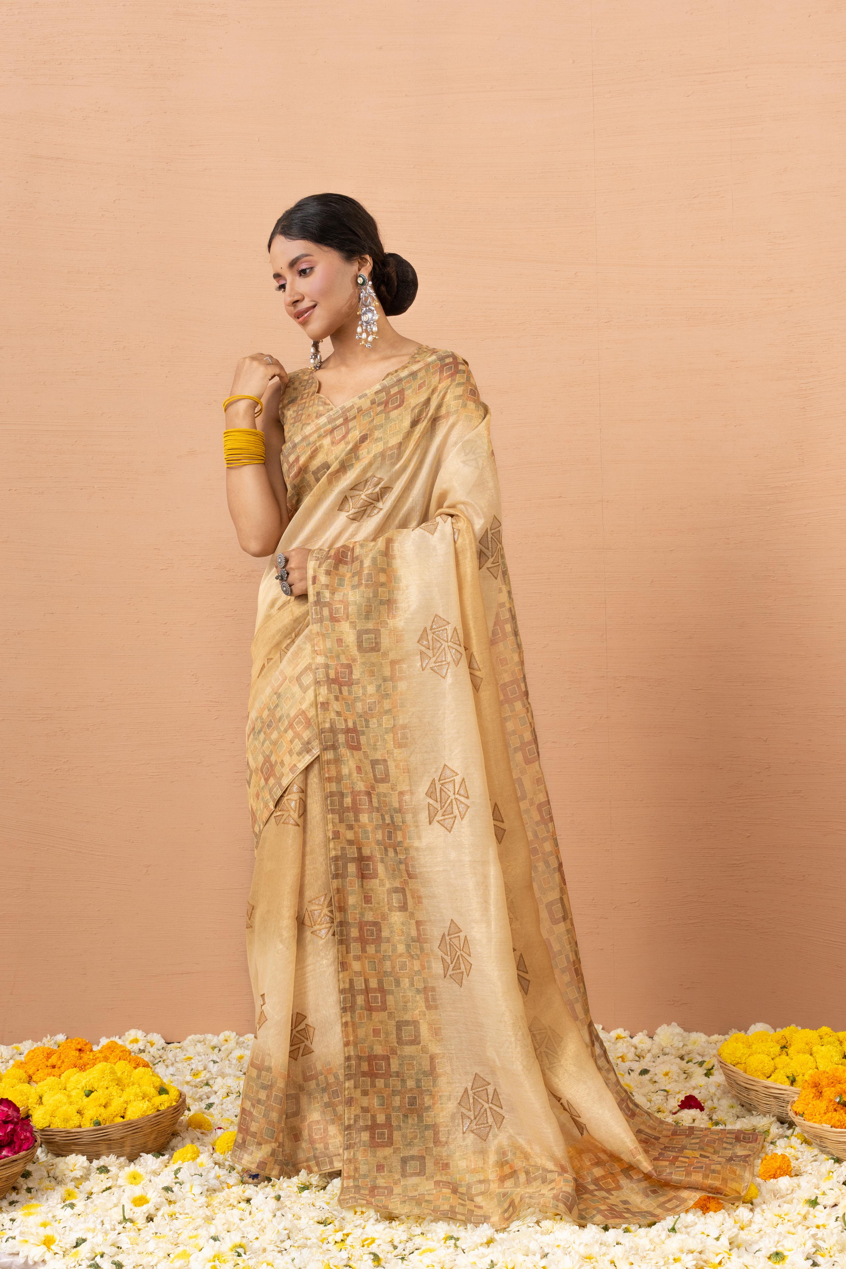 Yellow Tissue Saree With Embroidery Boota