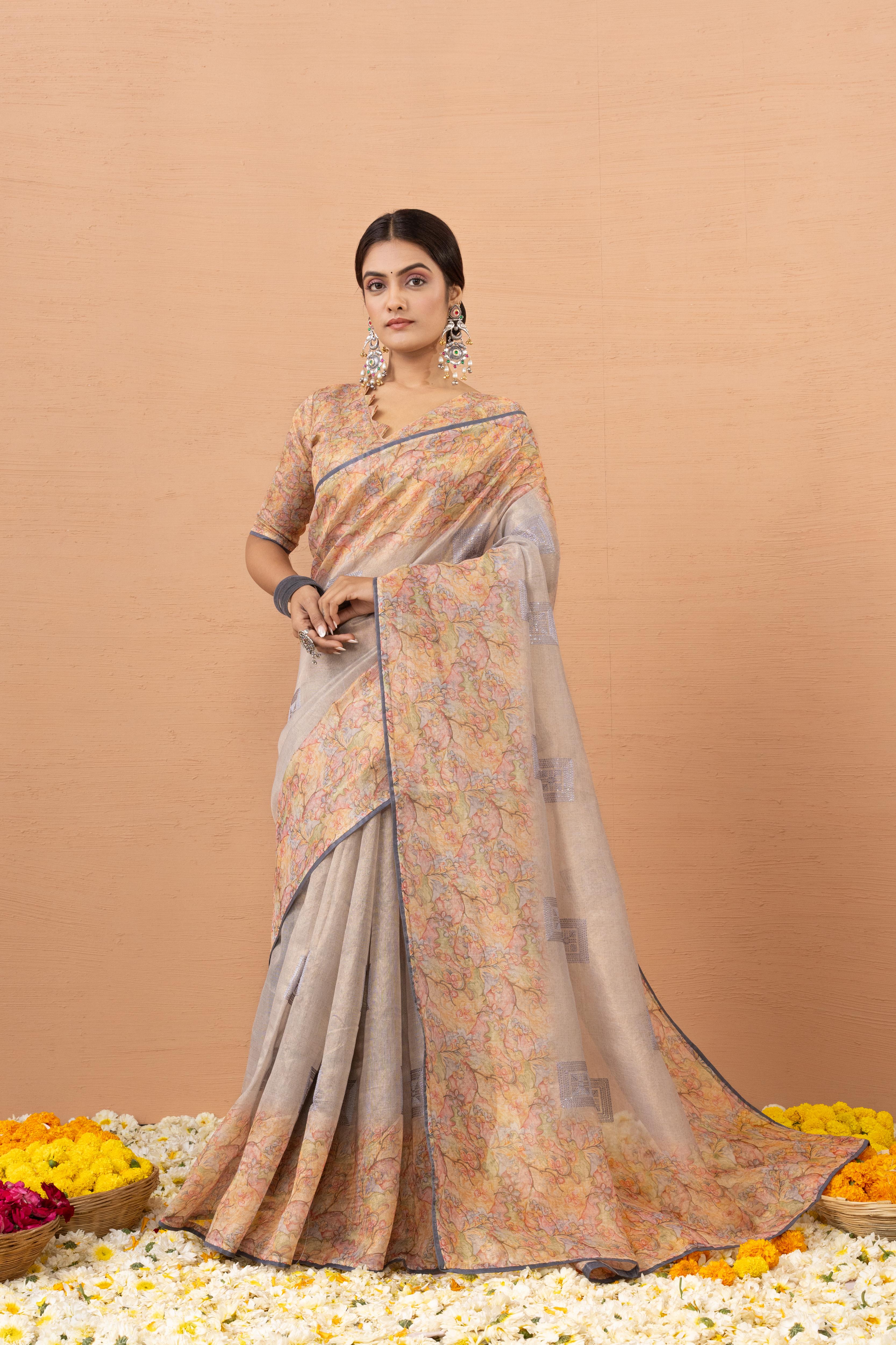 Grey Tissue Saree With Embroidery Boota