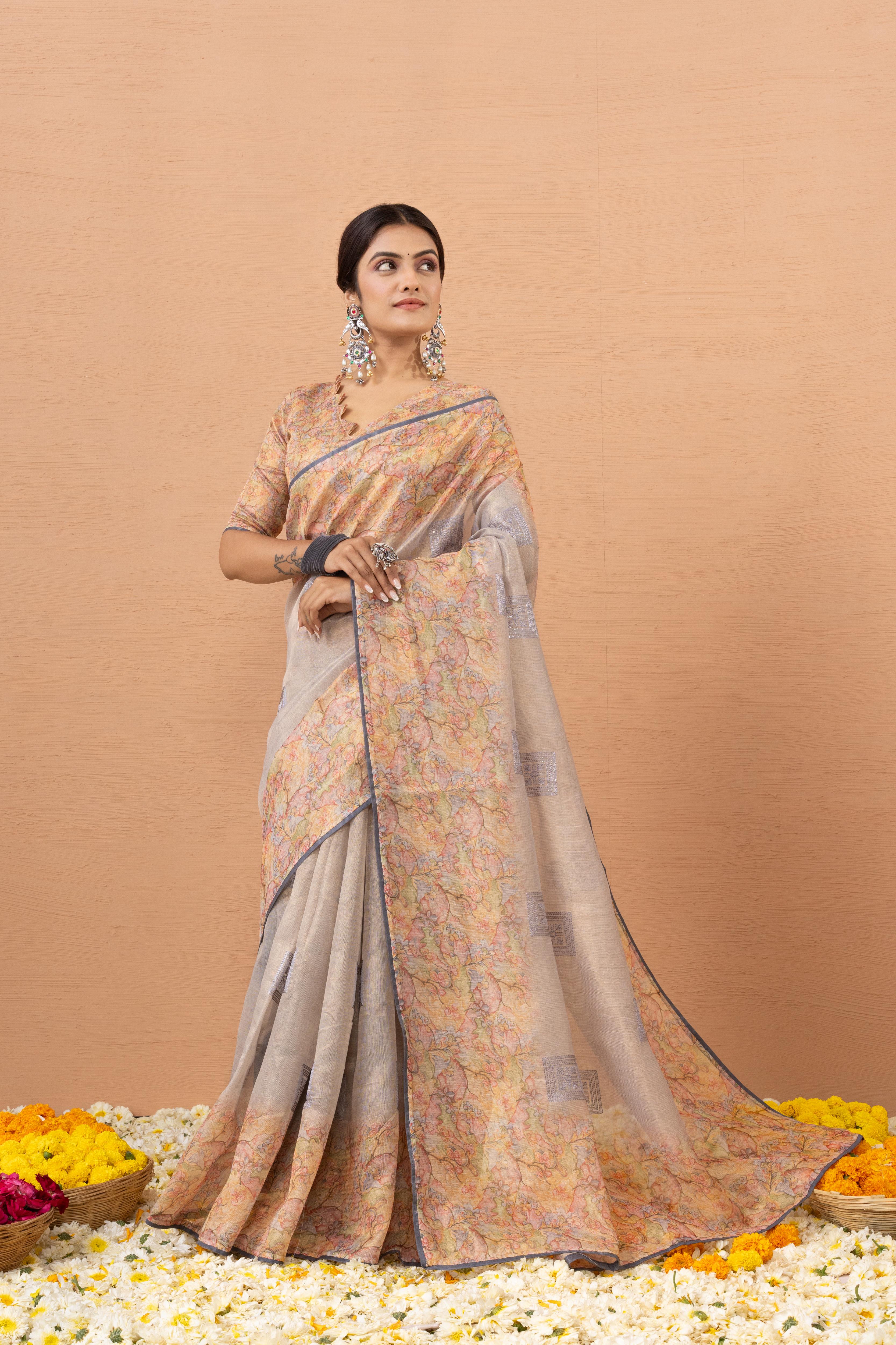Grey Tissue Saree With Embroidery Boota