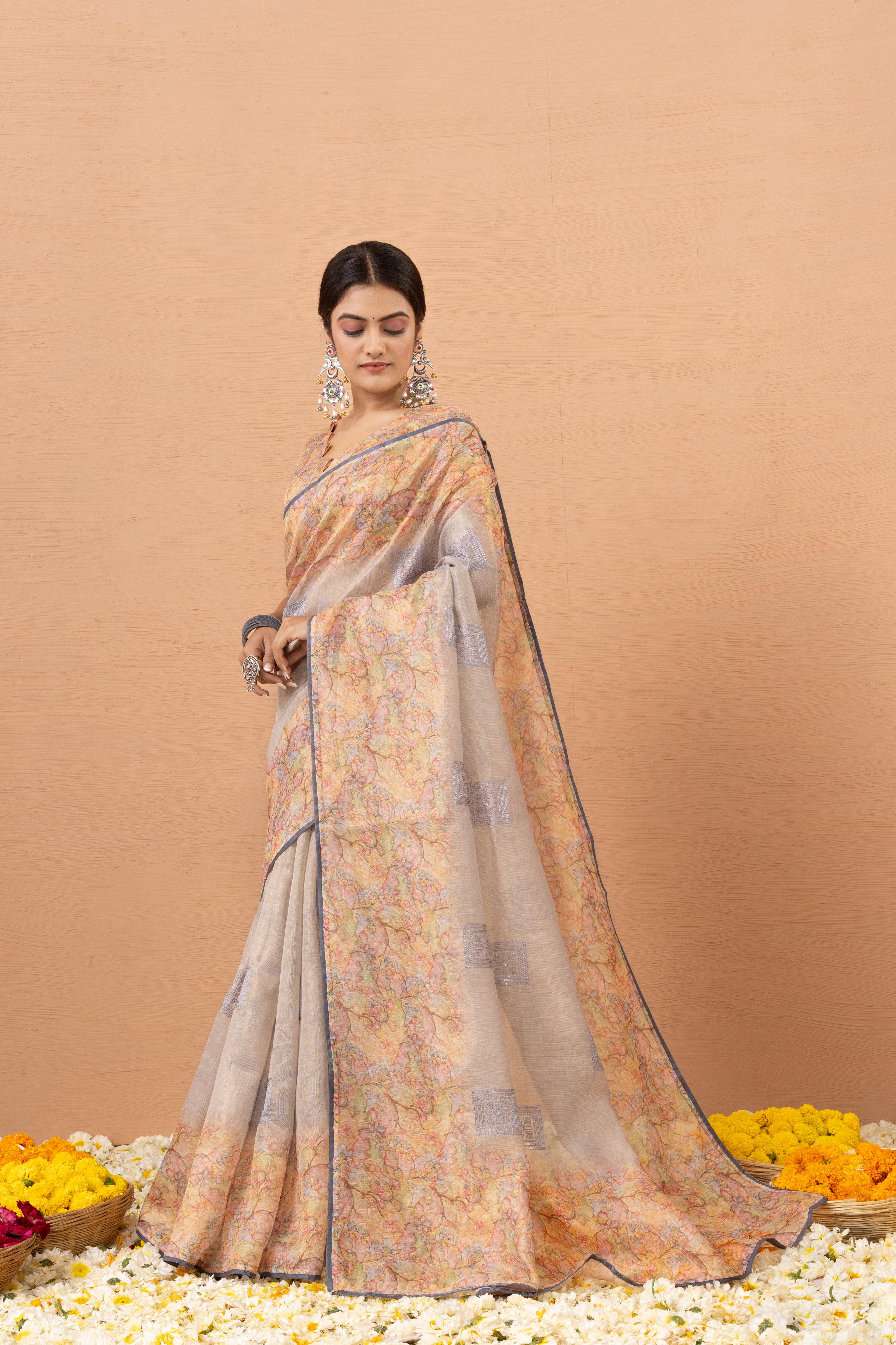 Grey Tissue Saree With Embroidery Boota