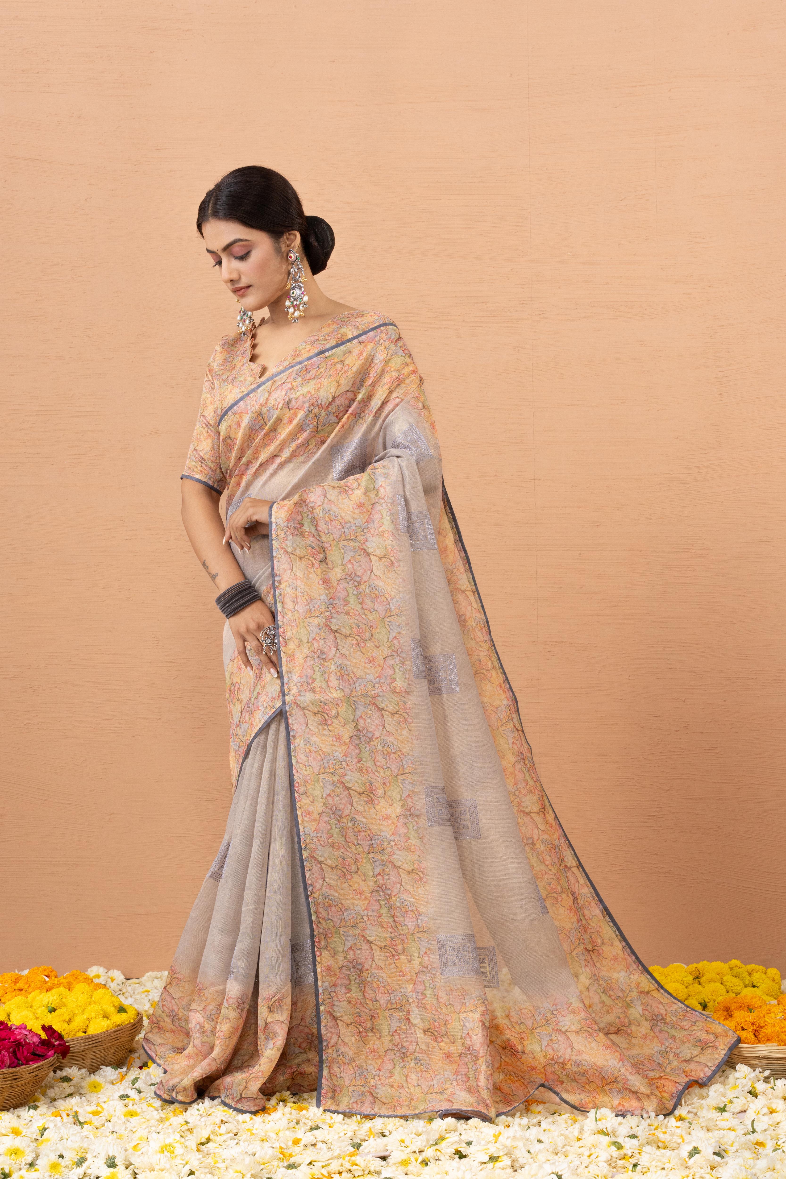 Grey Tissue Saree With Embroidery Boota