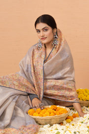 Grey Tissue Saree With Embroidery Boota