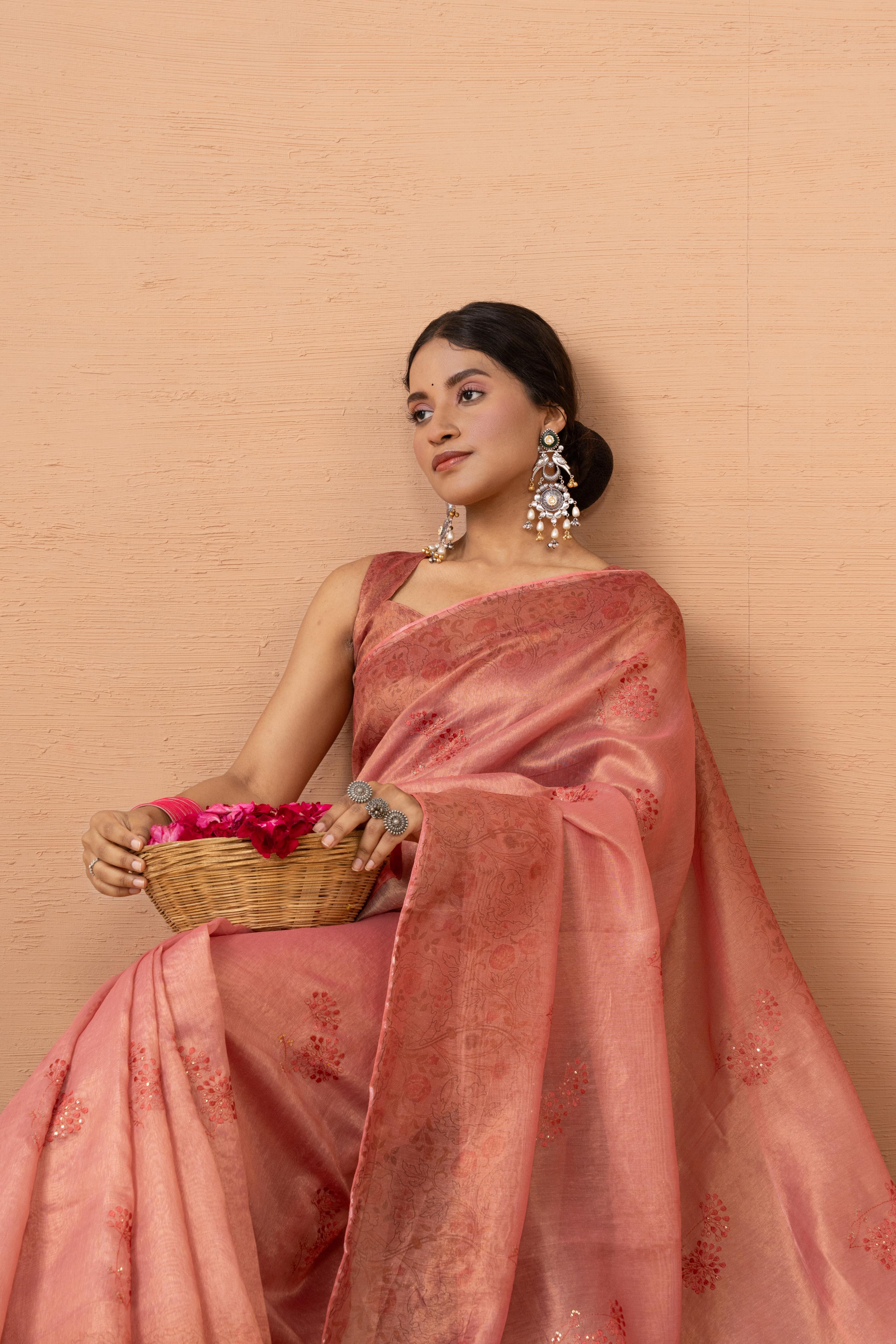 Pink Tissue Saree With Embroidery Boota
