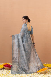 Grey Silk Saree With Digital Print And Embroidery