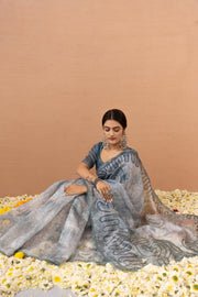 Grey Silk Saree With Digital Print And Embroidery