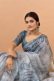 Grey Silk Saree With Digital Print And Embroidery