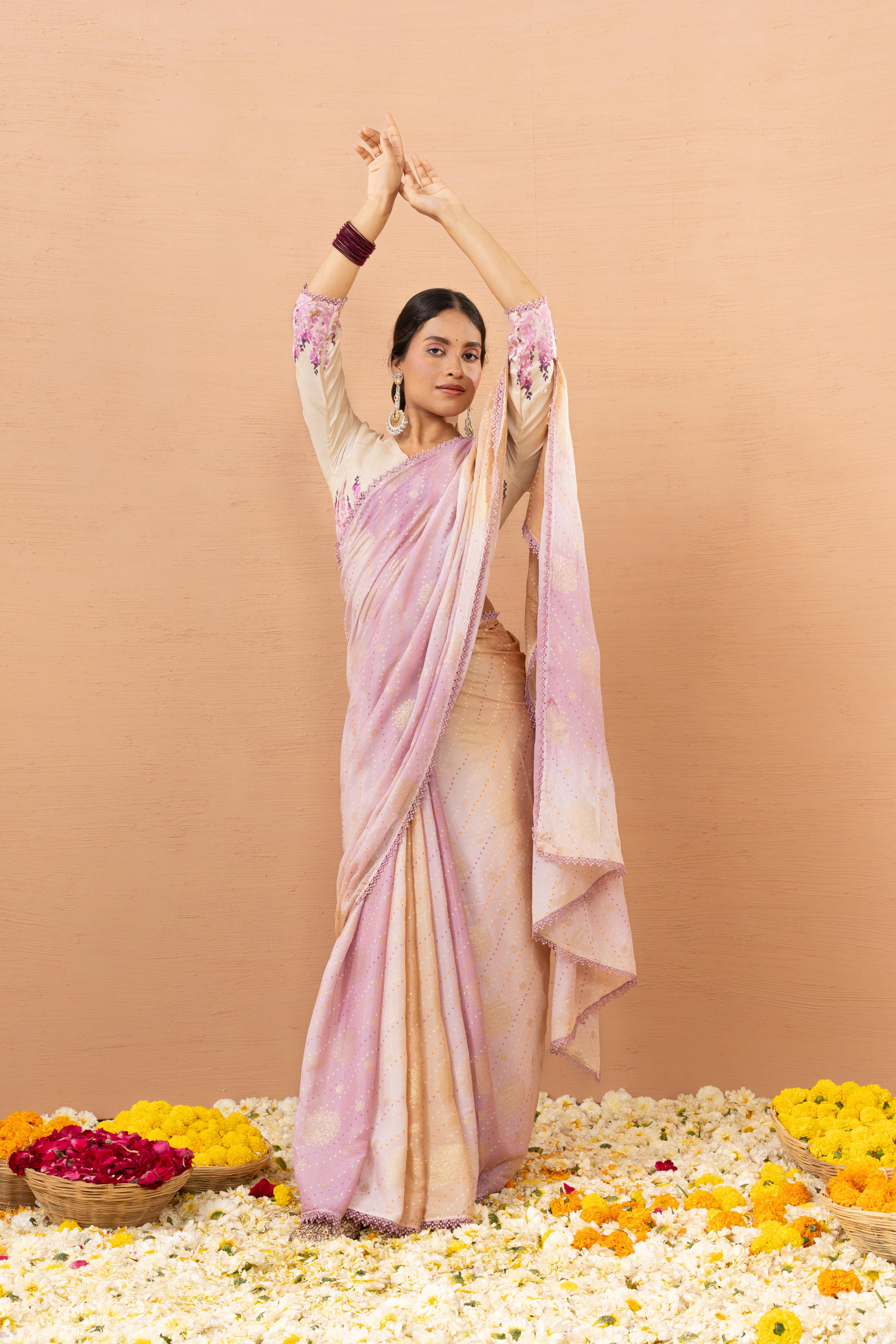 Pink Tussar Silk Saree With Printed Foils