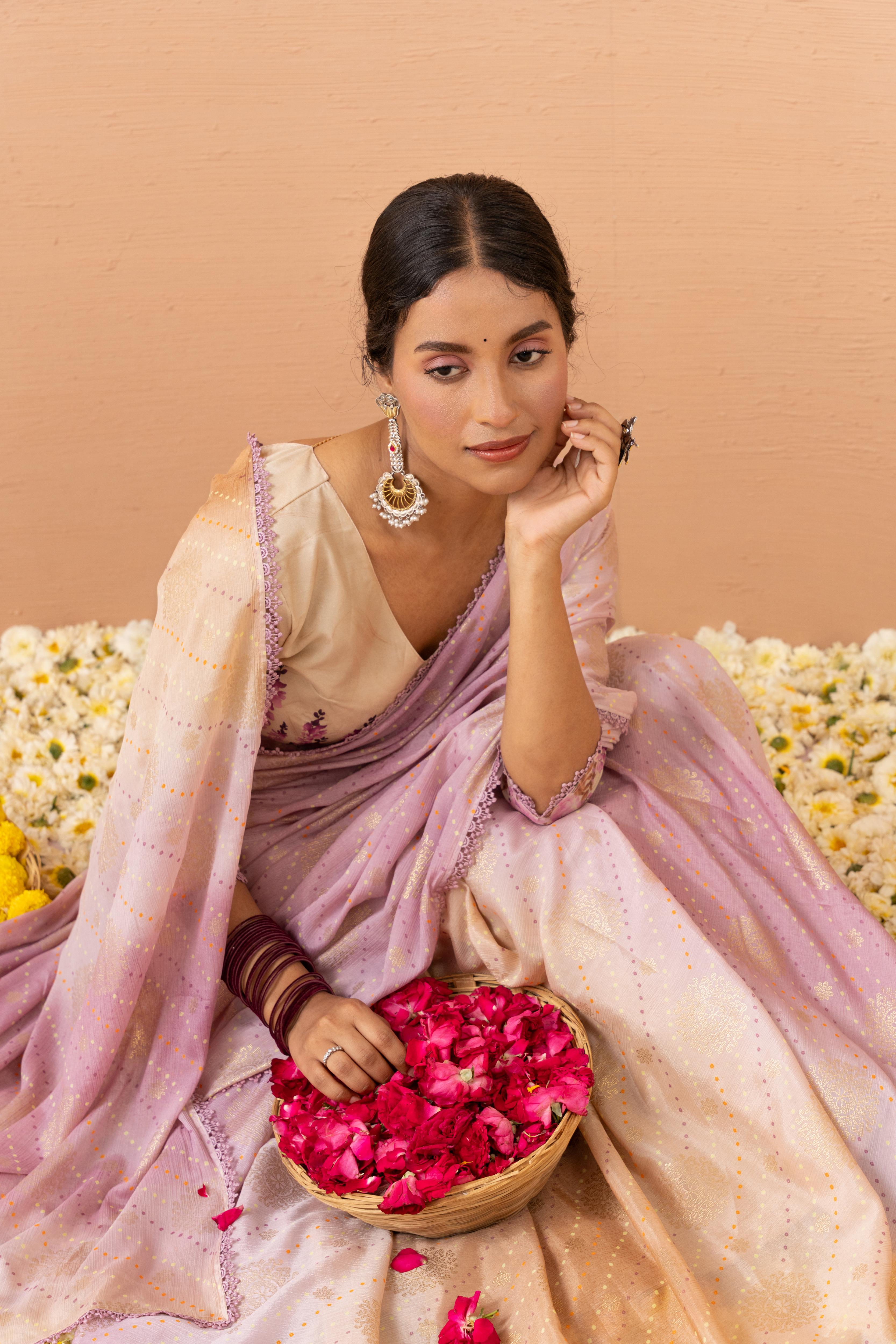 Pink Tussar Silk Saree With Printed Foils