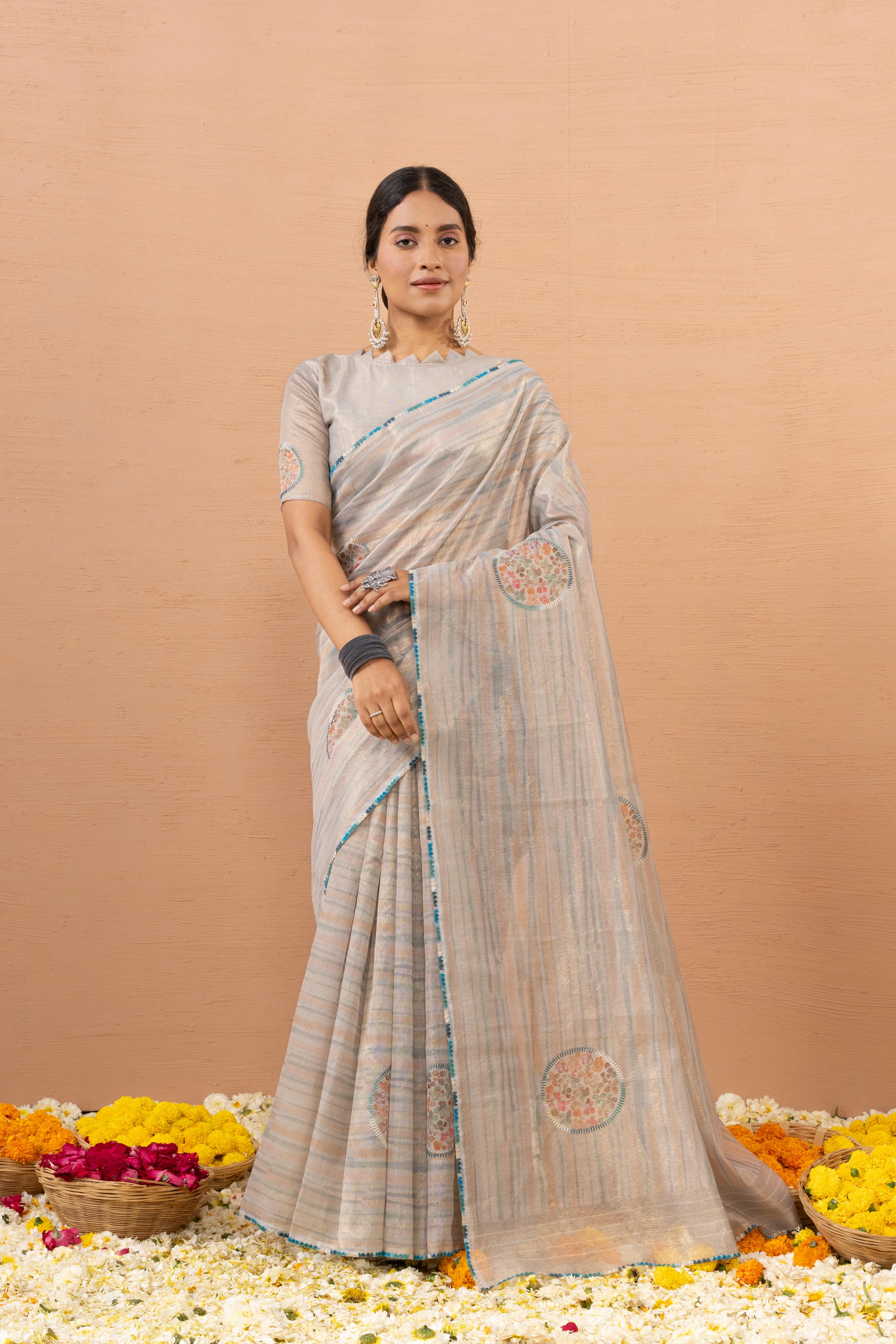 Grey Tissue Saree With Embroidery Boota