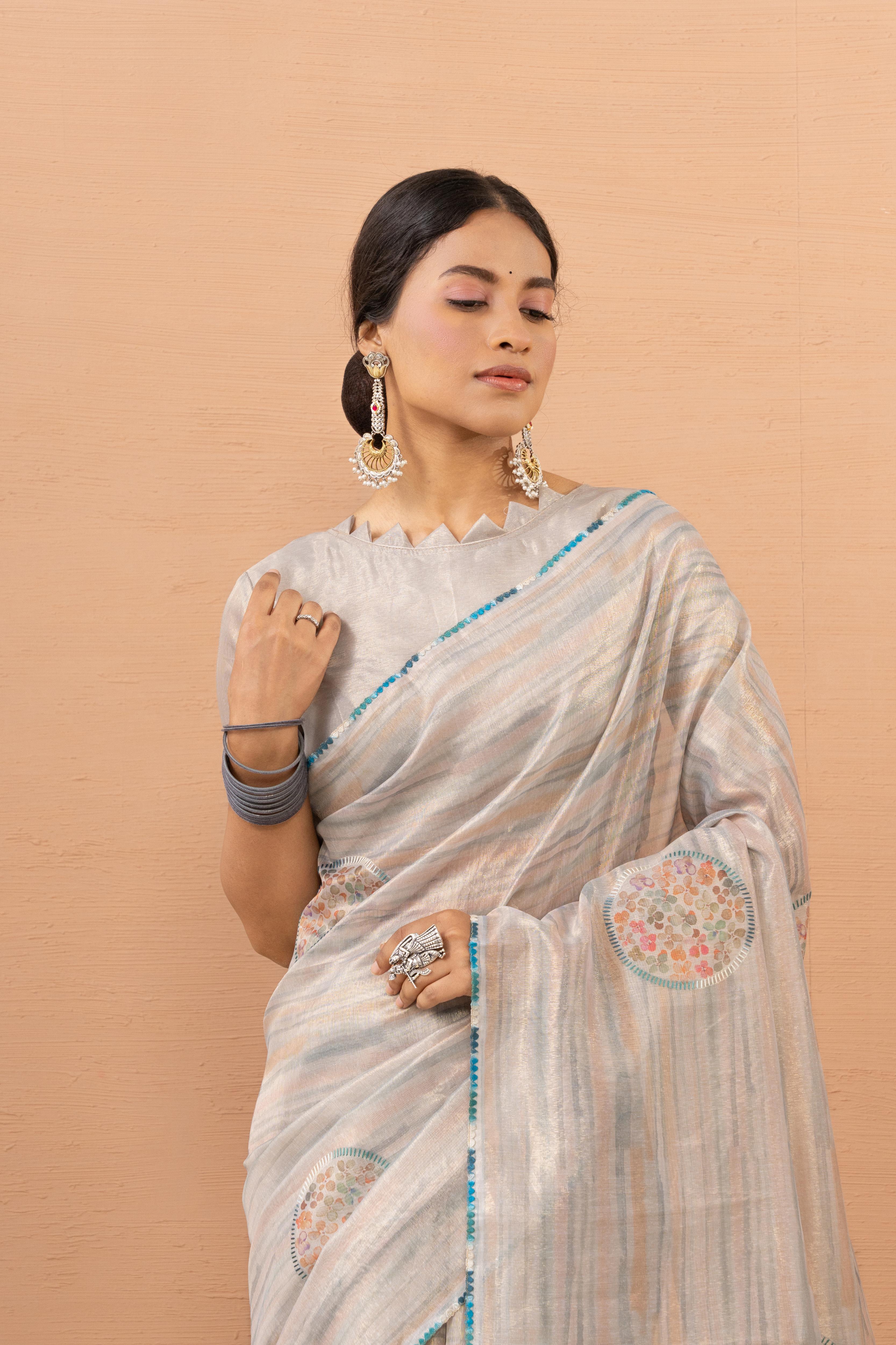 Grey Tissue Saree With Embroidery Boota