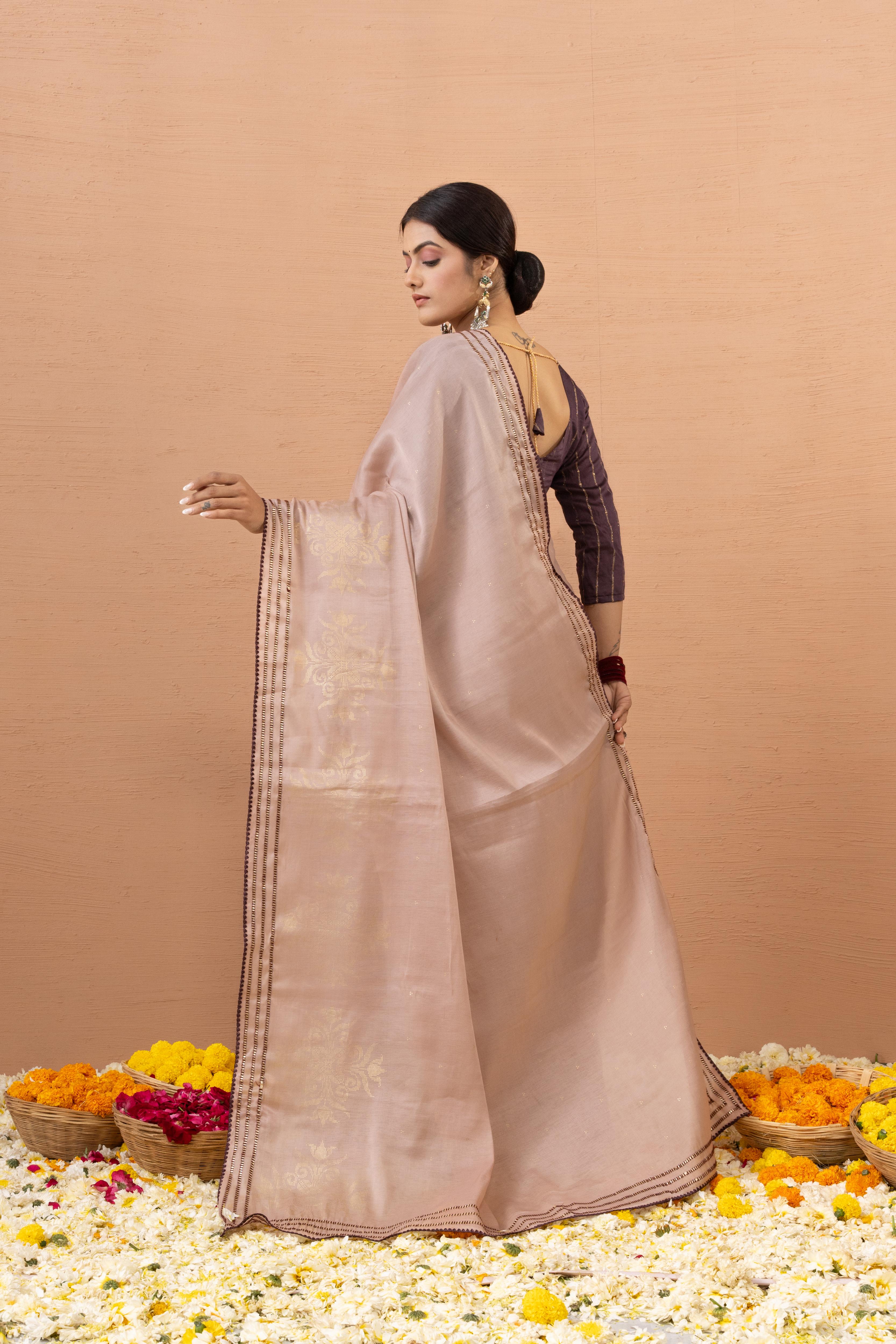 Pink Tussar Silk Saree Foiled With Zuri Work