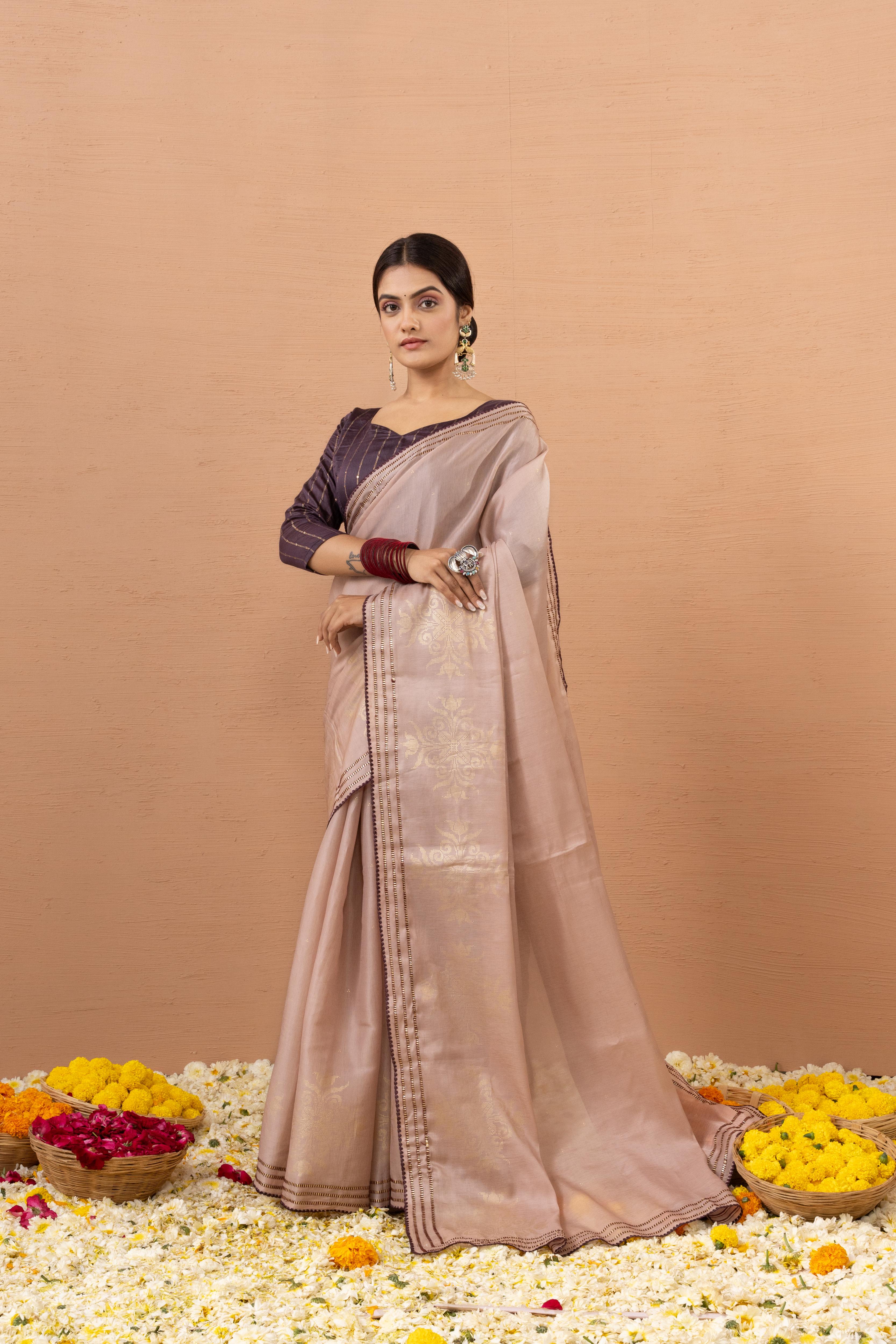 Pink Tussar Silk Saree Foiled With Zuri Work