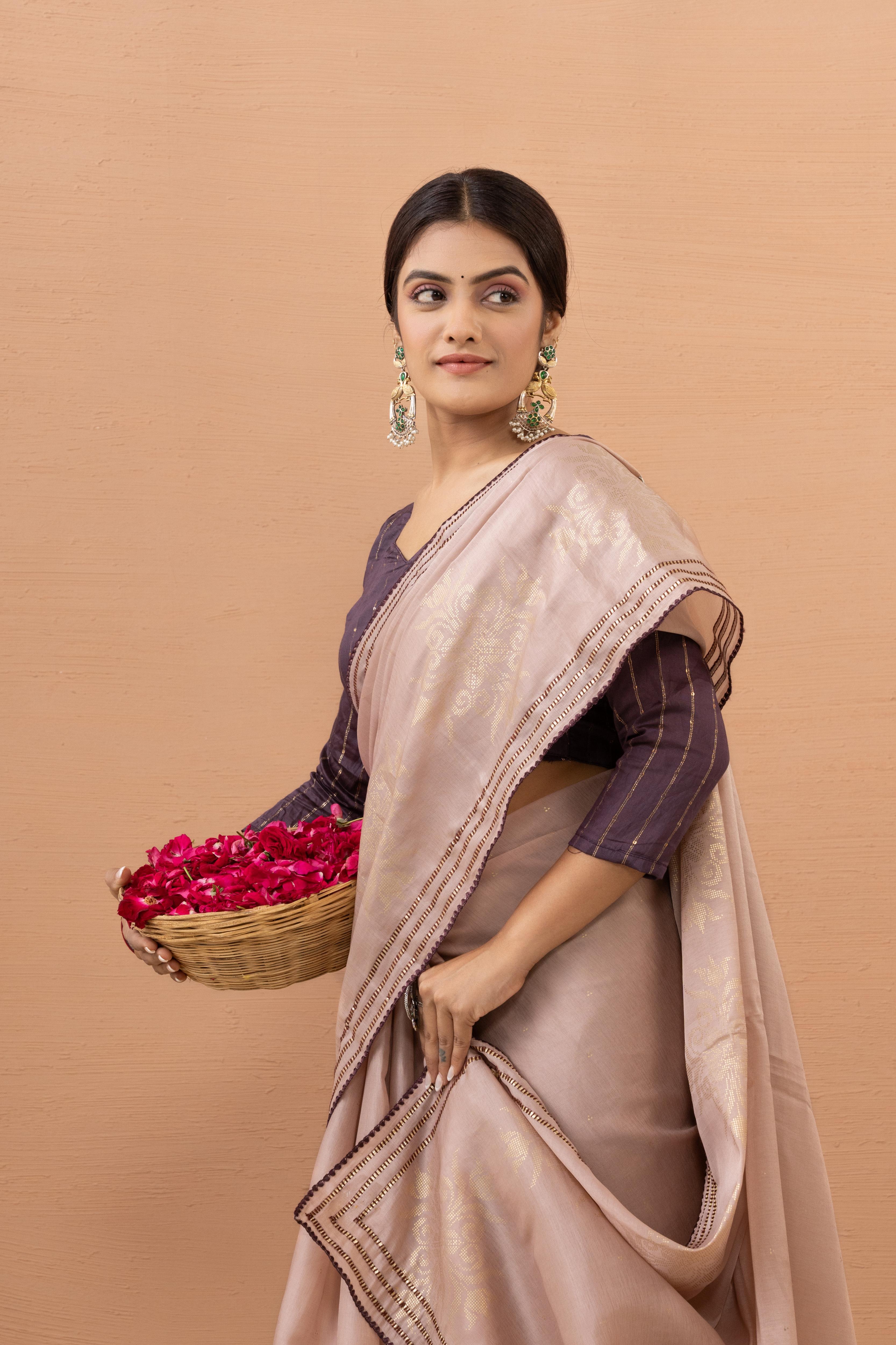 Pink Tussar Silk Saree Foiled With Zuri Work