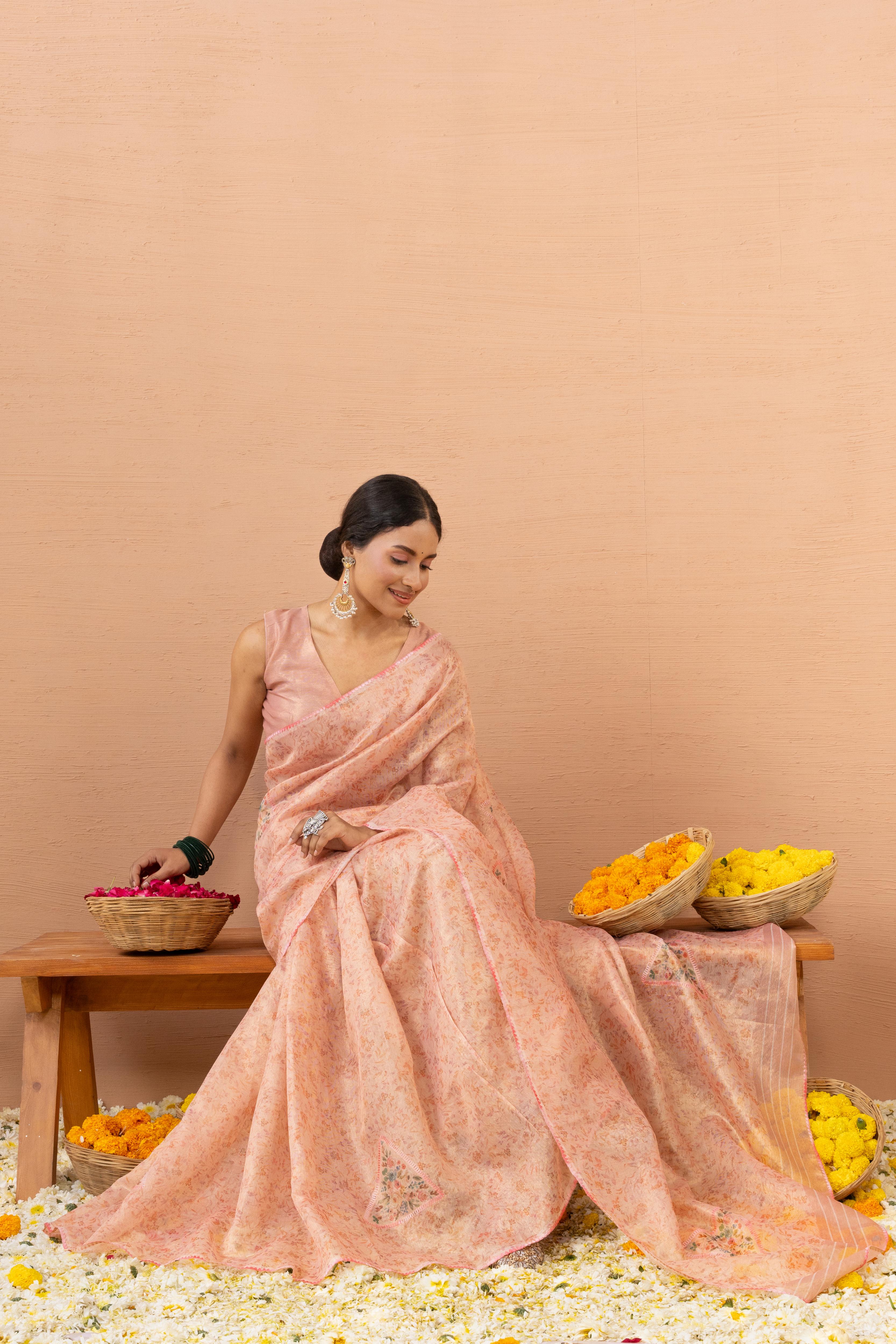 Peach Tissue Saree With Embroidery Boota