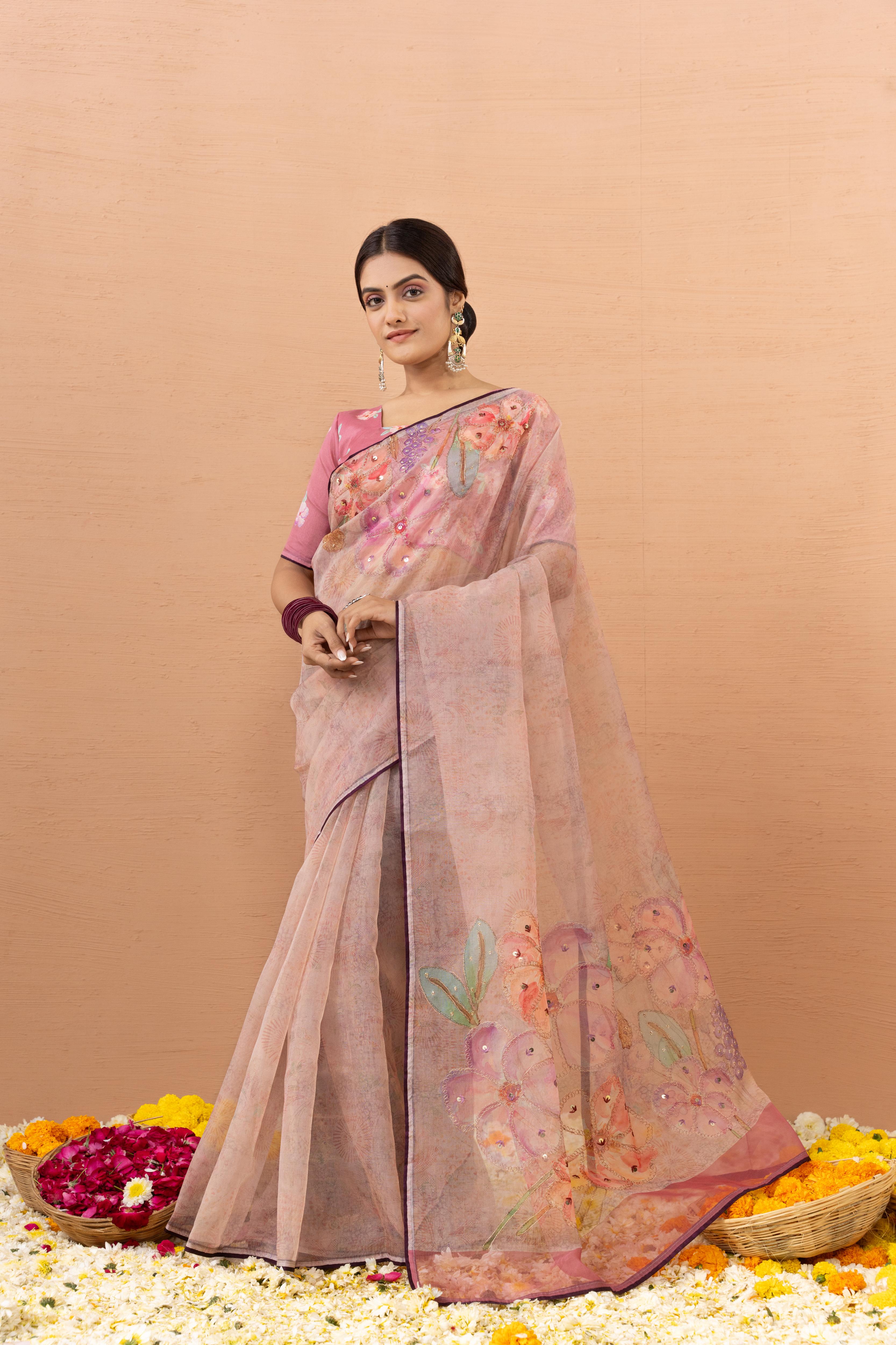 Feminine Pink Tissue Saree with Aari Print