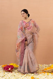 Feminine Pink Tissue Saree with Aari Print