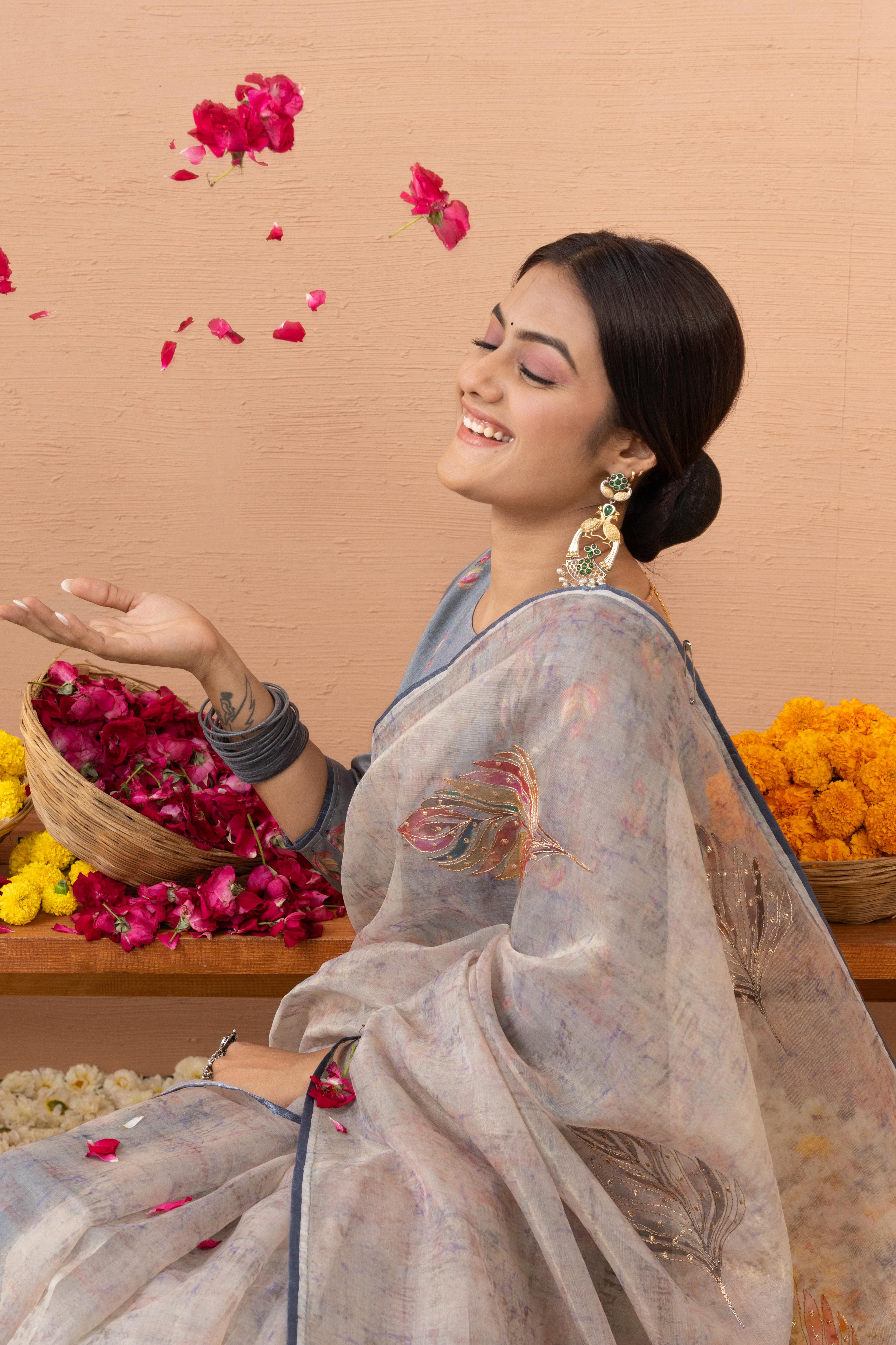 Graceful Grey Saree with Digital Aari Work