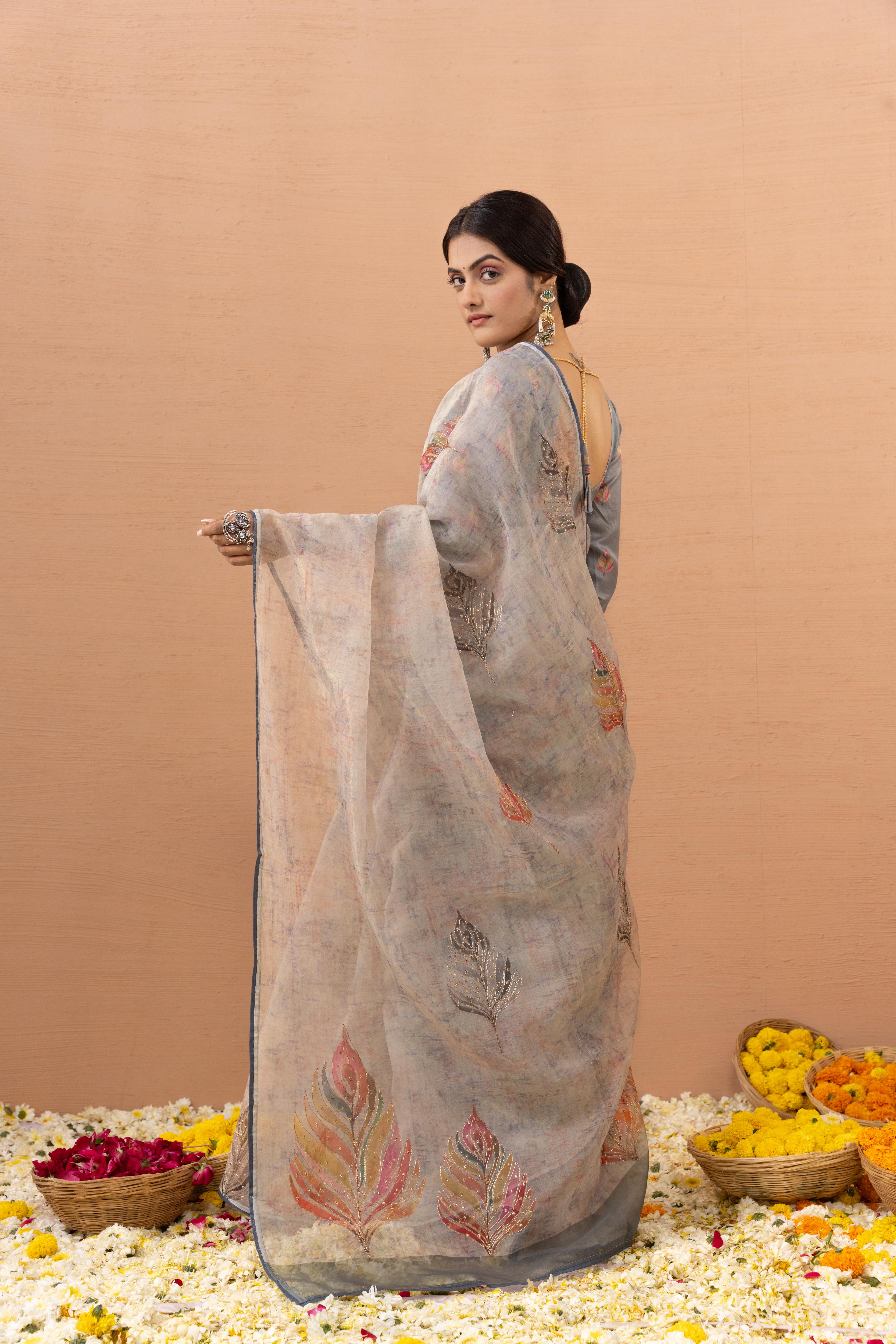 Graceful Grey Saree with Digital Aari Work