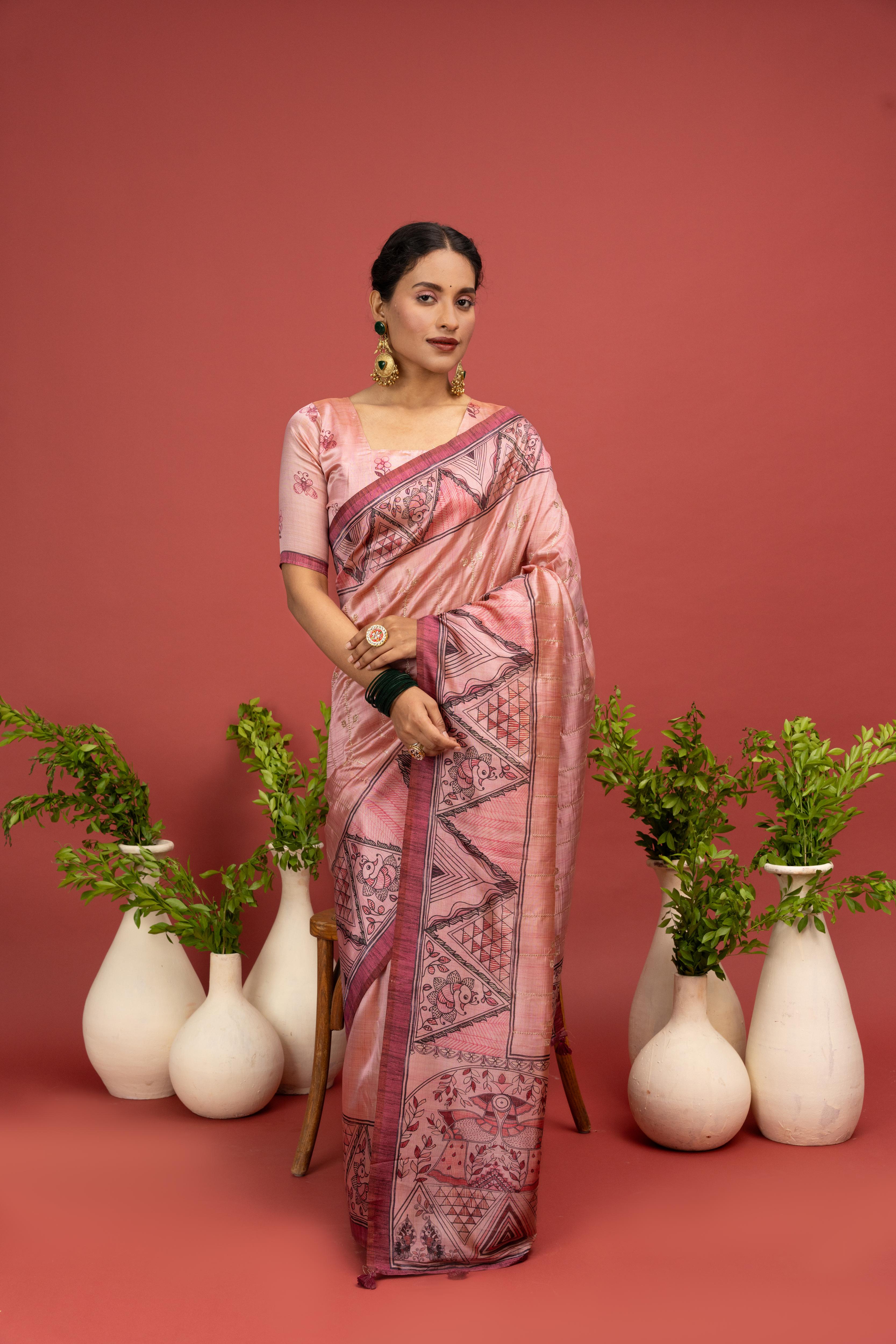 Graceful Peach Saree with Printed Gala