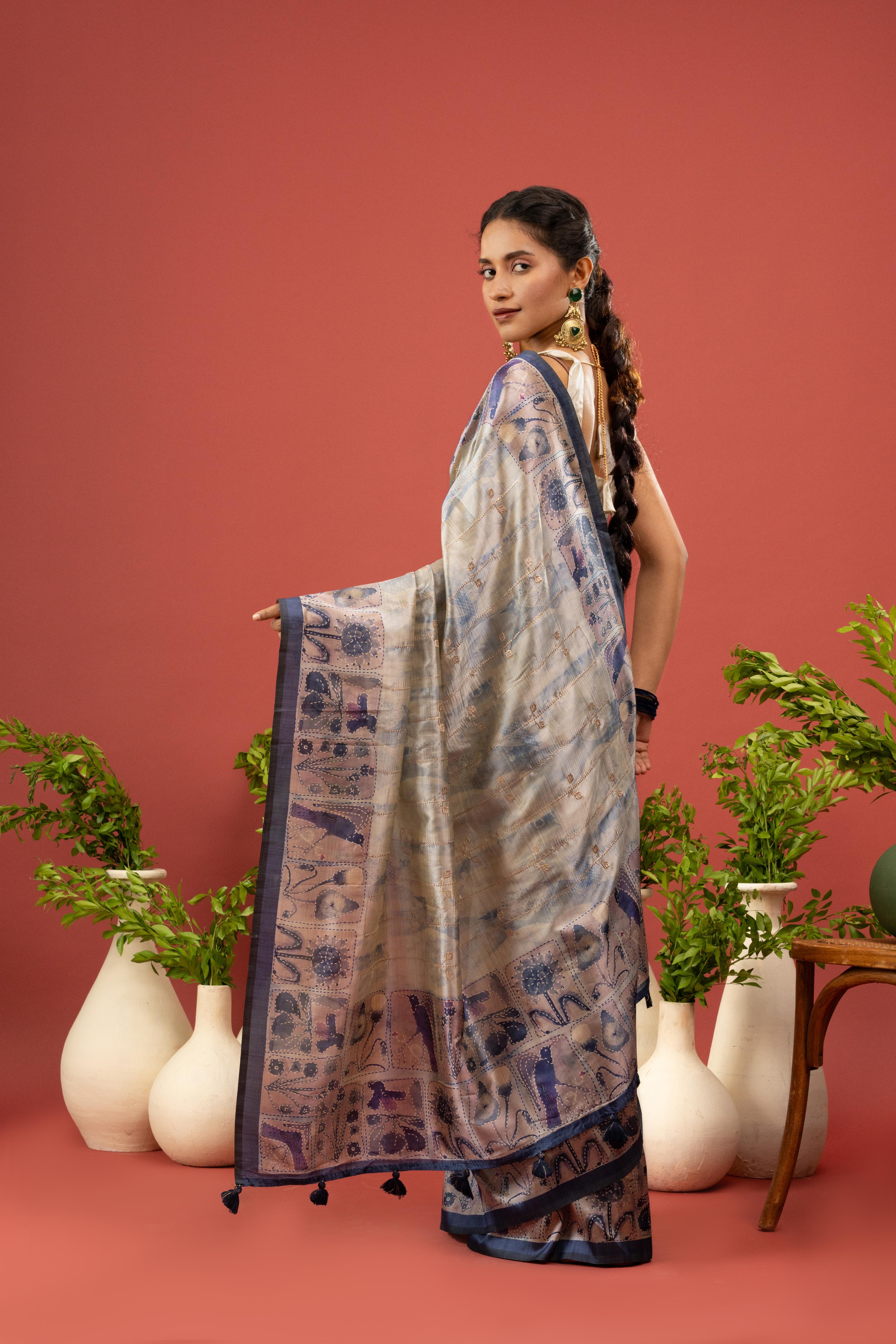 Dual-Tone Silk Saree with Purple Gala